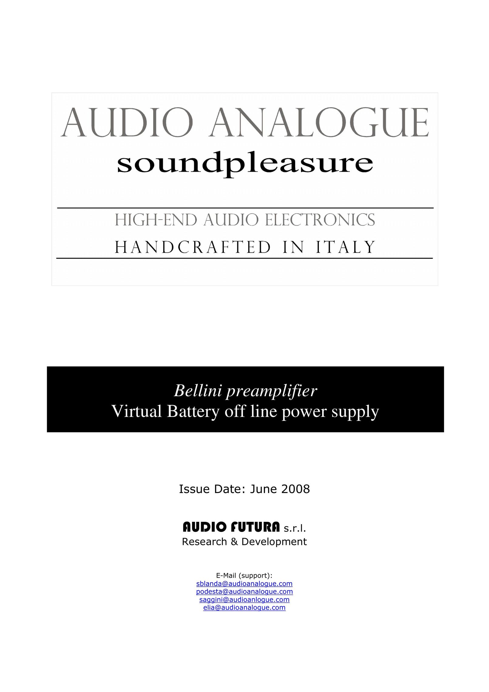 Audio Analogue SRL Bellini preamplifier Stereo Amplifier User Manual