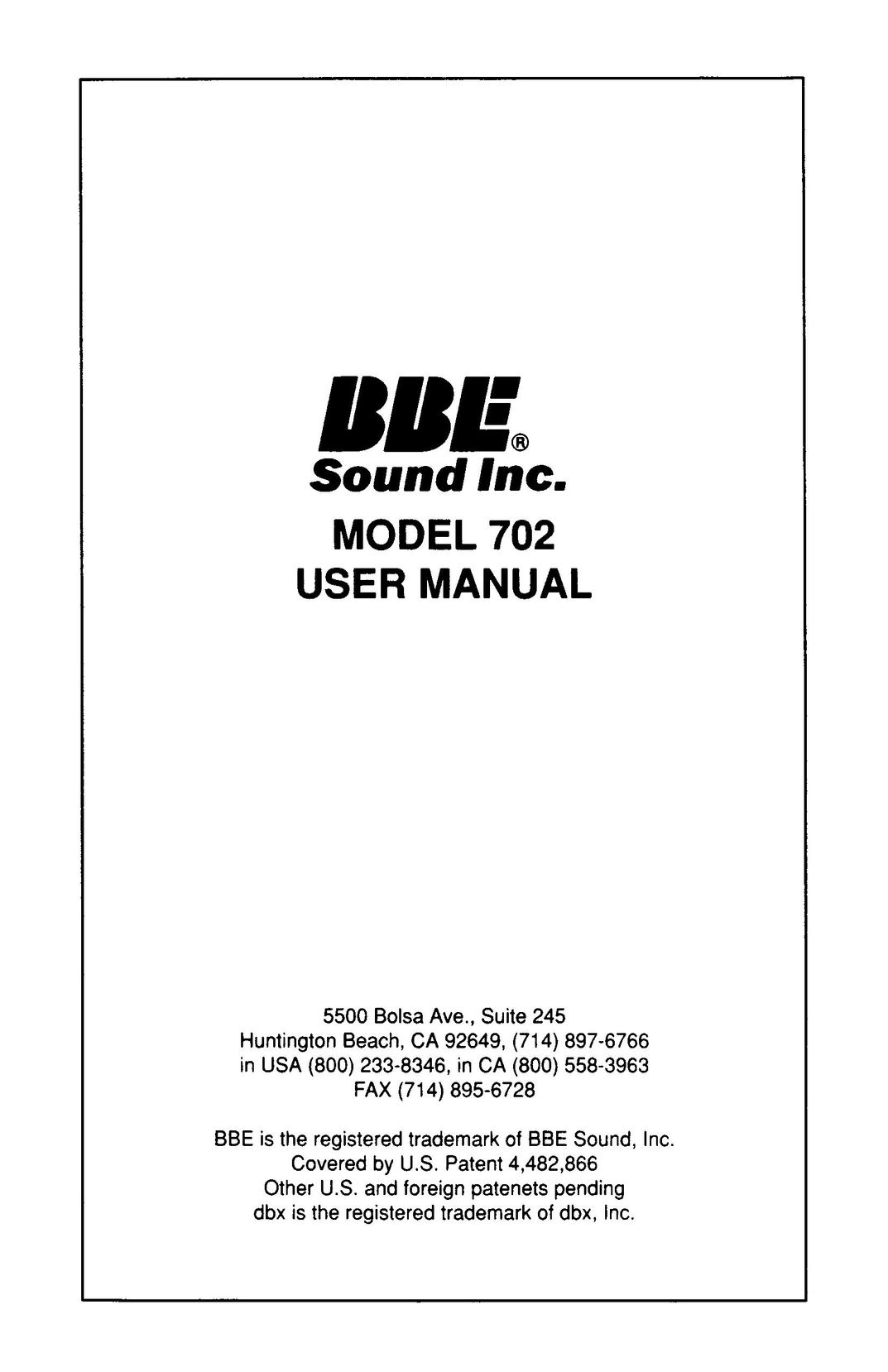 BBE BBE 702 Stereo Amplifier User Manual
