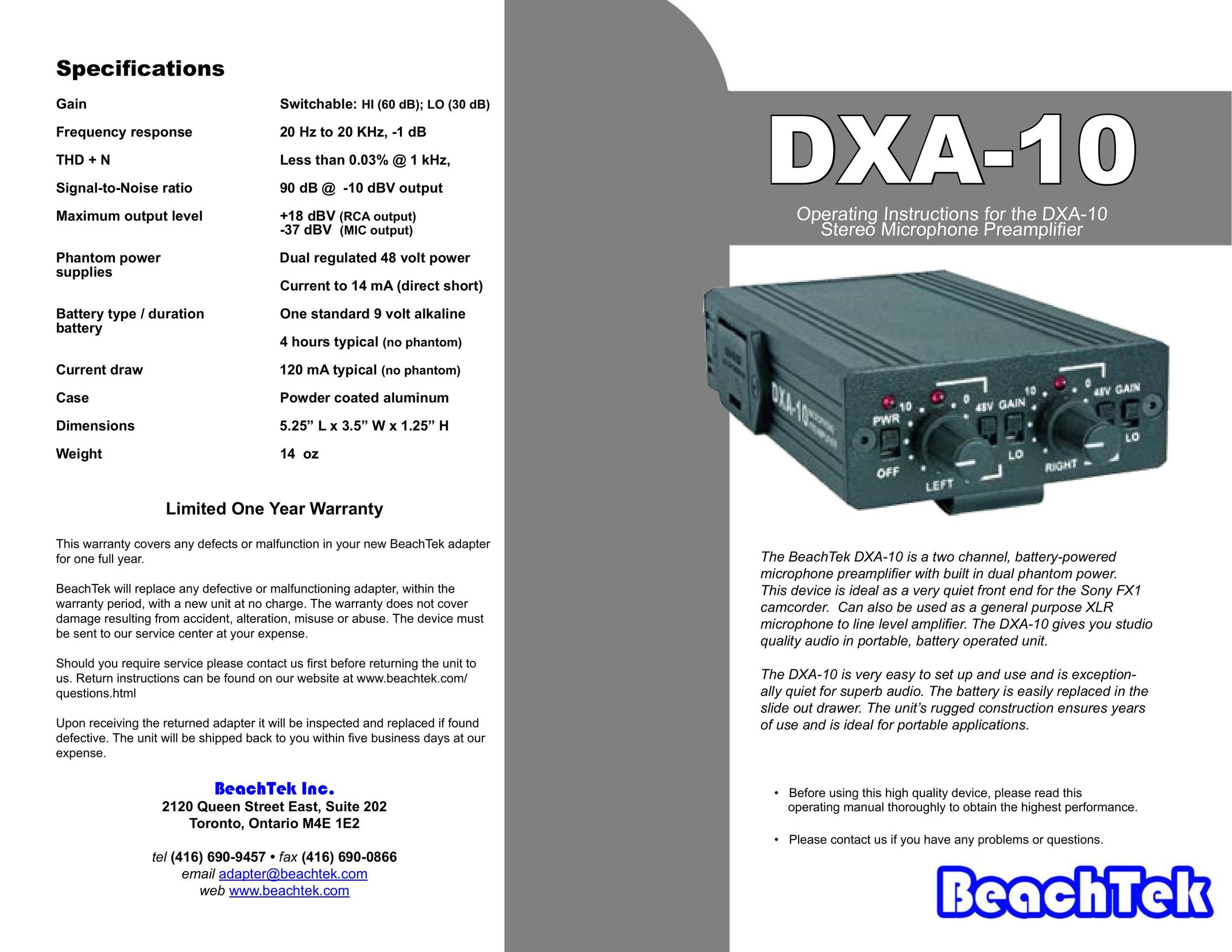 BeachTek DXA-10 Stereo Amplifier User Manual
