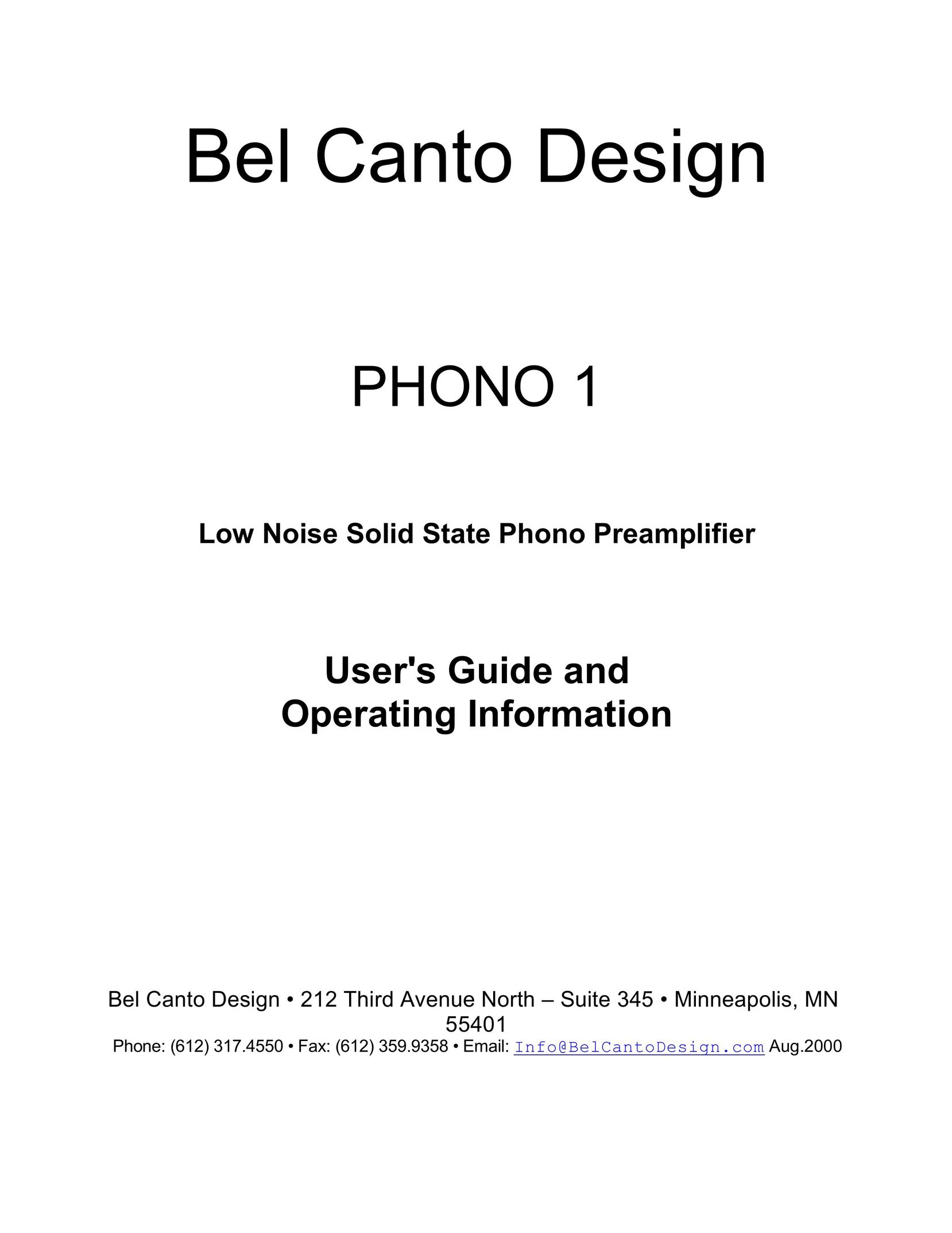 Bel Canto Design PHONO 1 Stereo Amplifier User Manual