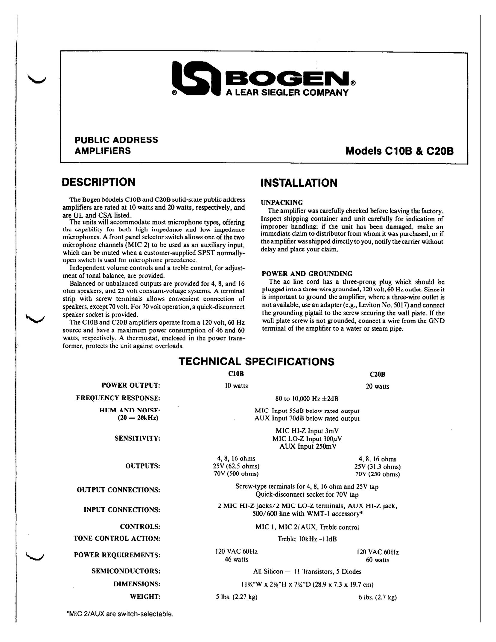 Bogen C20B Stereo Amplifier User Manual
