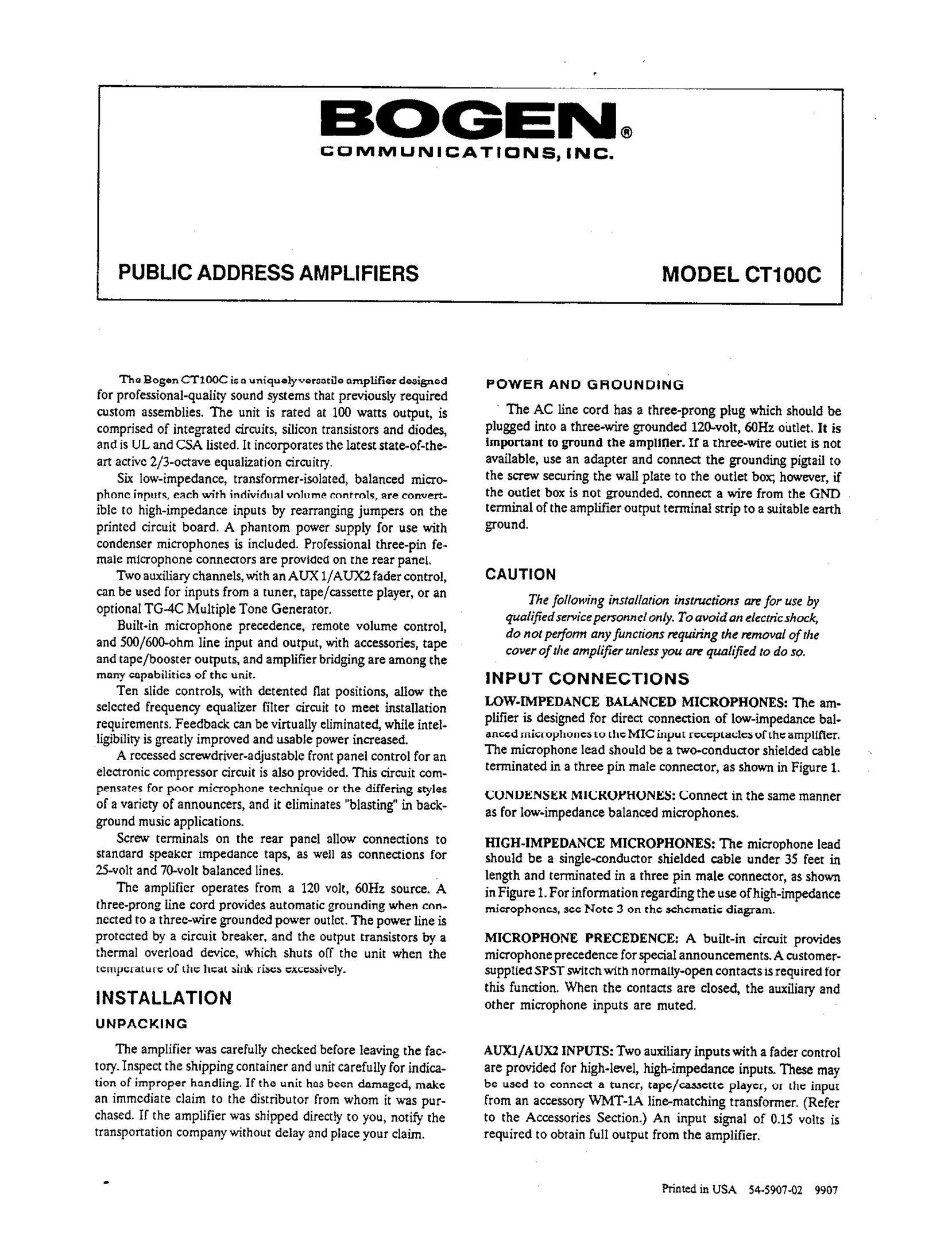 Bogen CT100C Stereo Amplifier User Manual