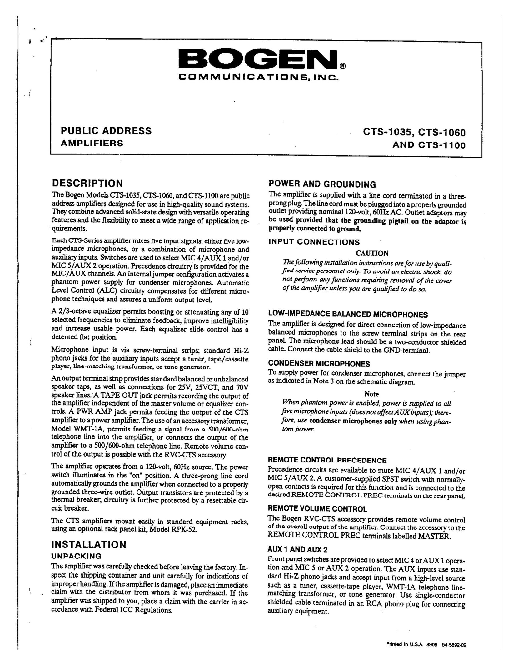 Bogen CTS-1035 Stereo Amplifier User Manual