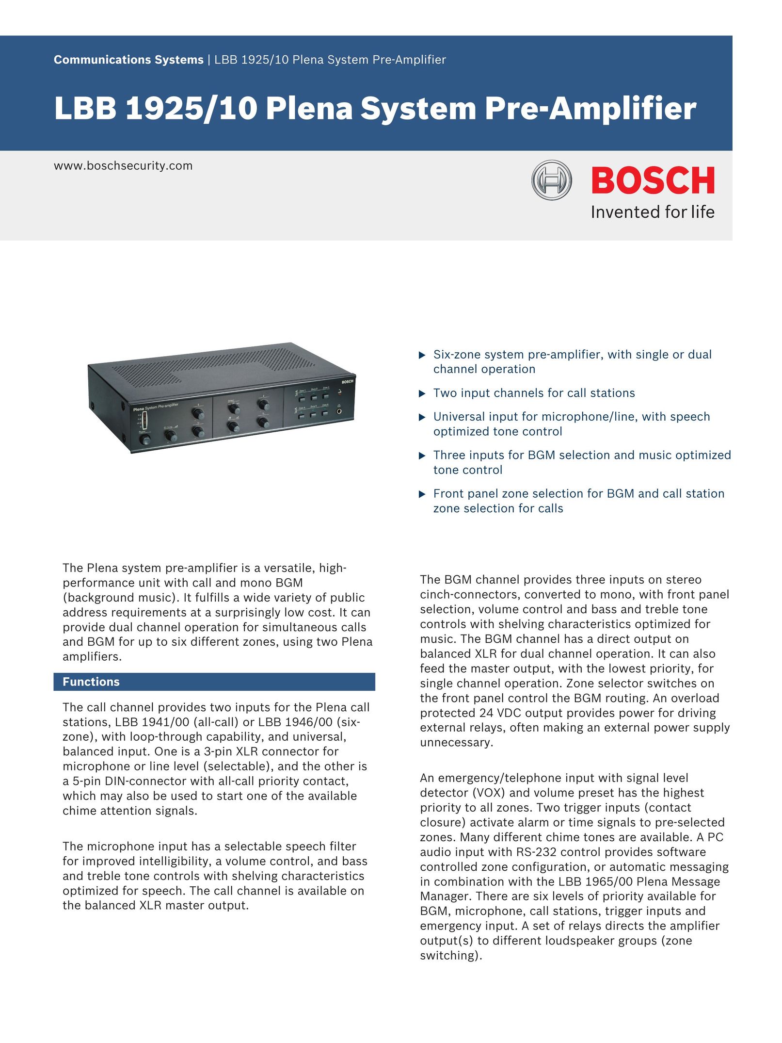 Bosch Appliances LBB 1925/10 Stereo Amplifier User Manual