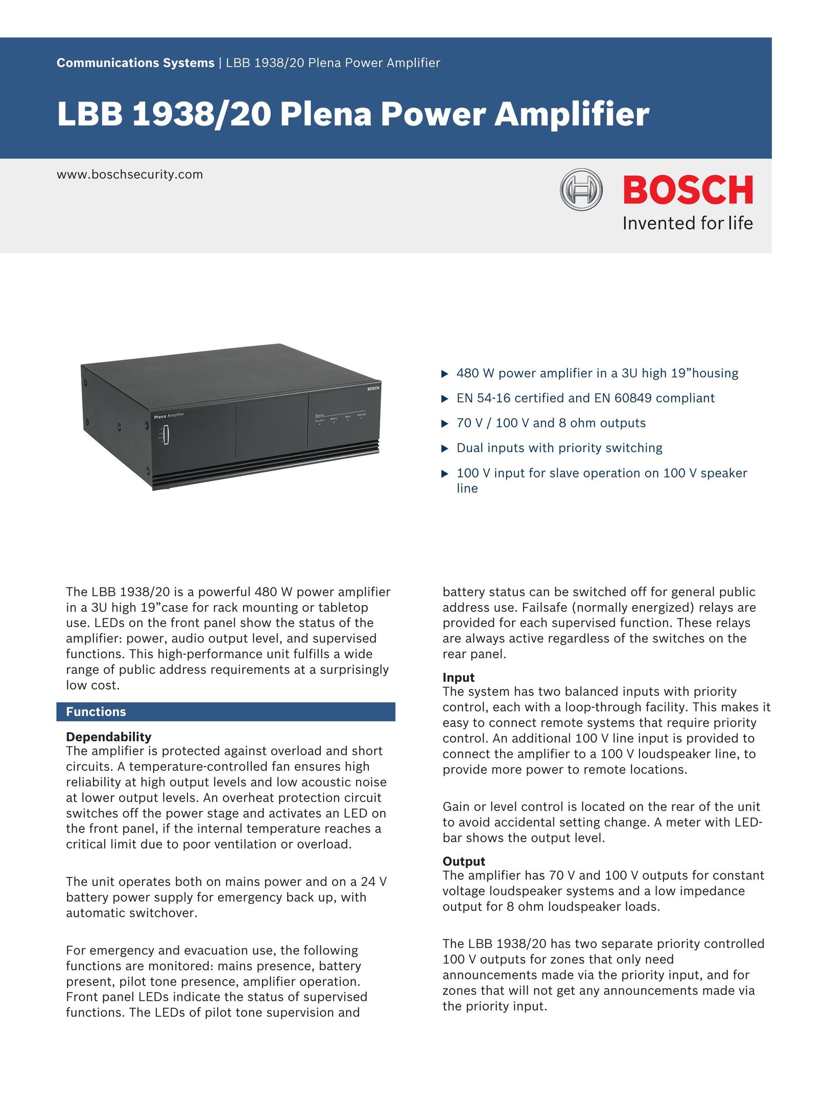 Bosch Appliances LBB 1938/20 Stereo Amplifier User Manual