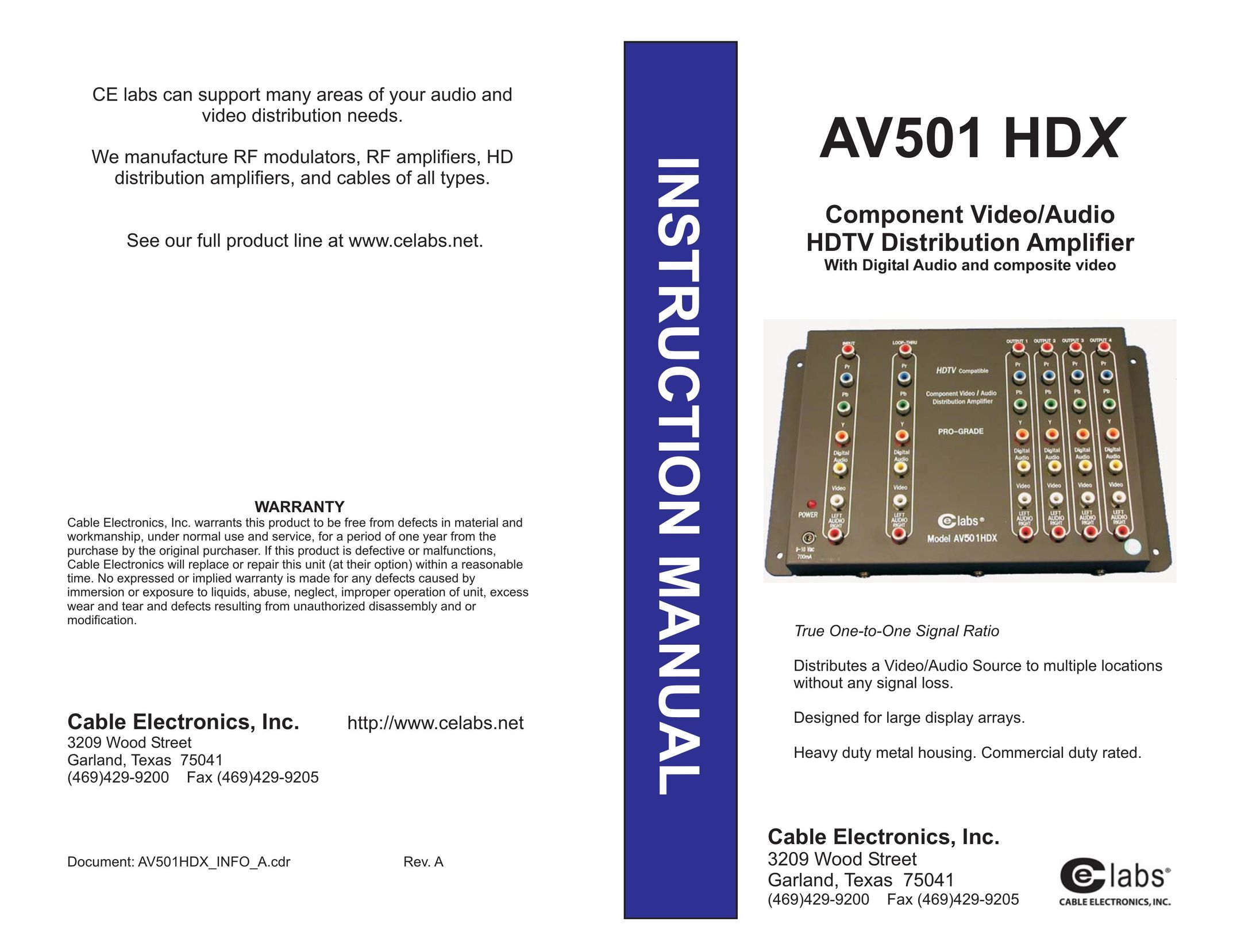 Cable Electronics AV501 HDX Stereo Amplifier User Manual