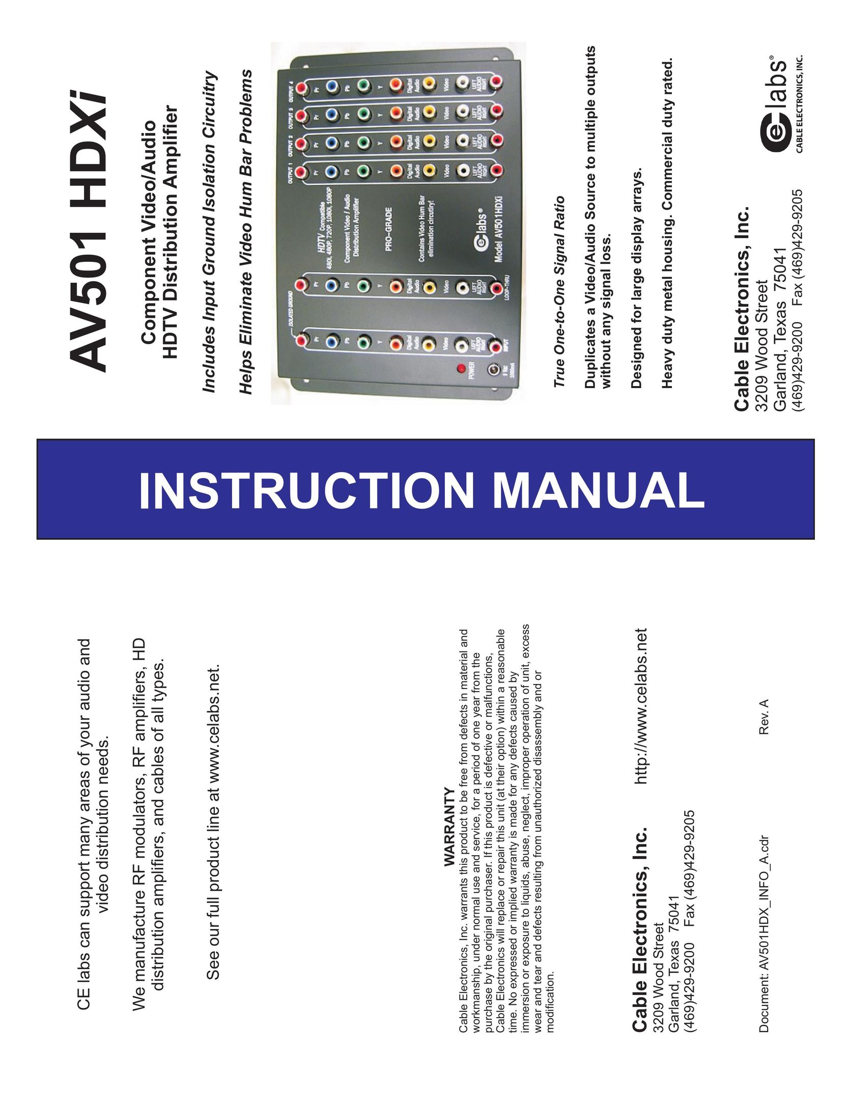 Cable Electronics AV501HDXi Stereo Amplifier User Manual