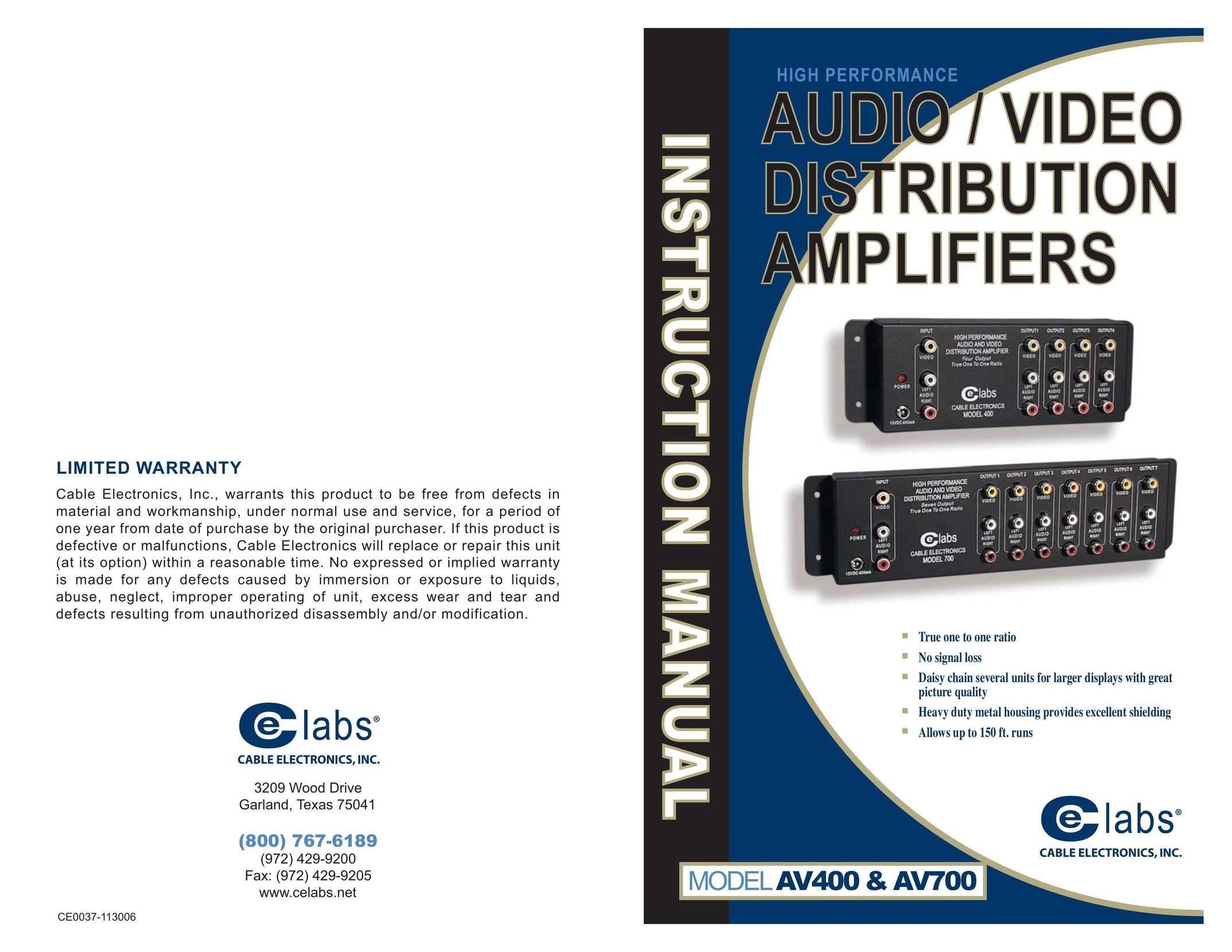 Cable Electronics AV700 Stereo Amplifier User Manual