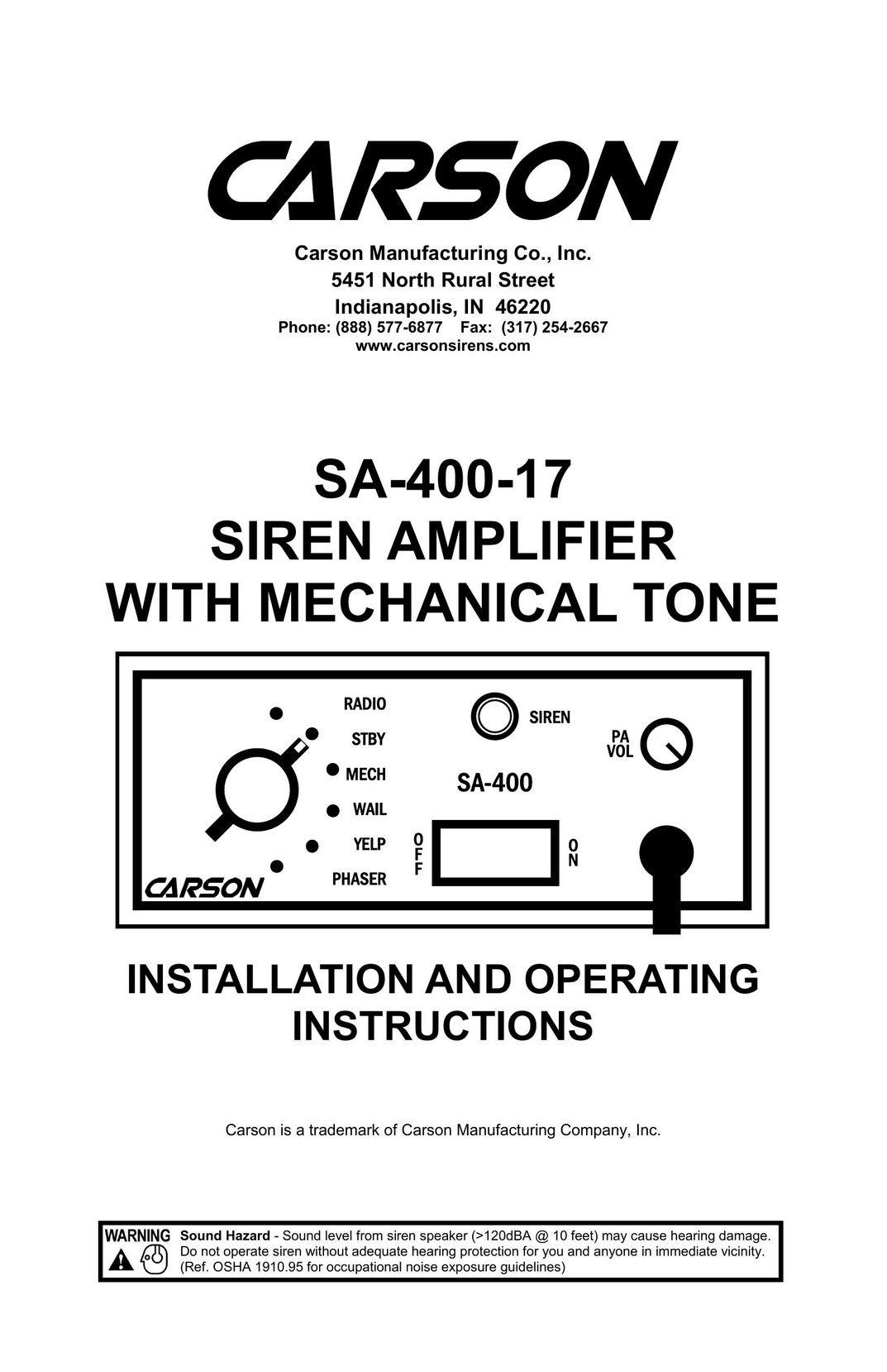 Carson SA-400-17 Stereo Amplifier User Manual