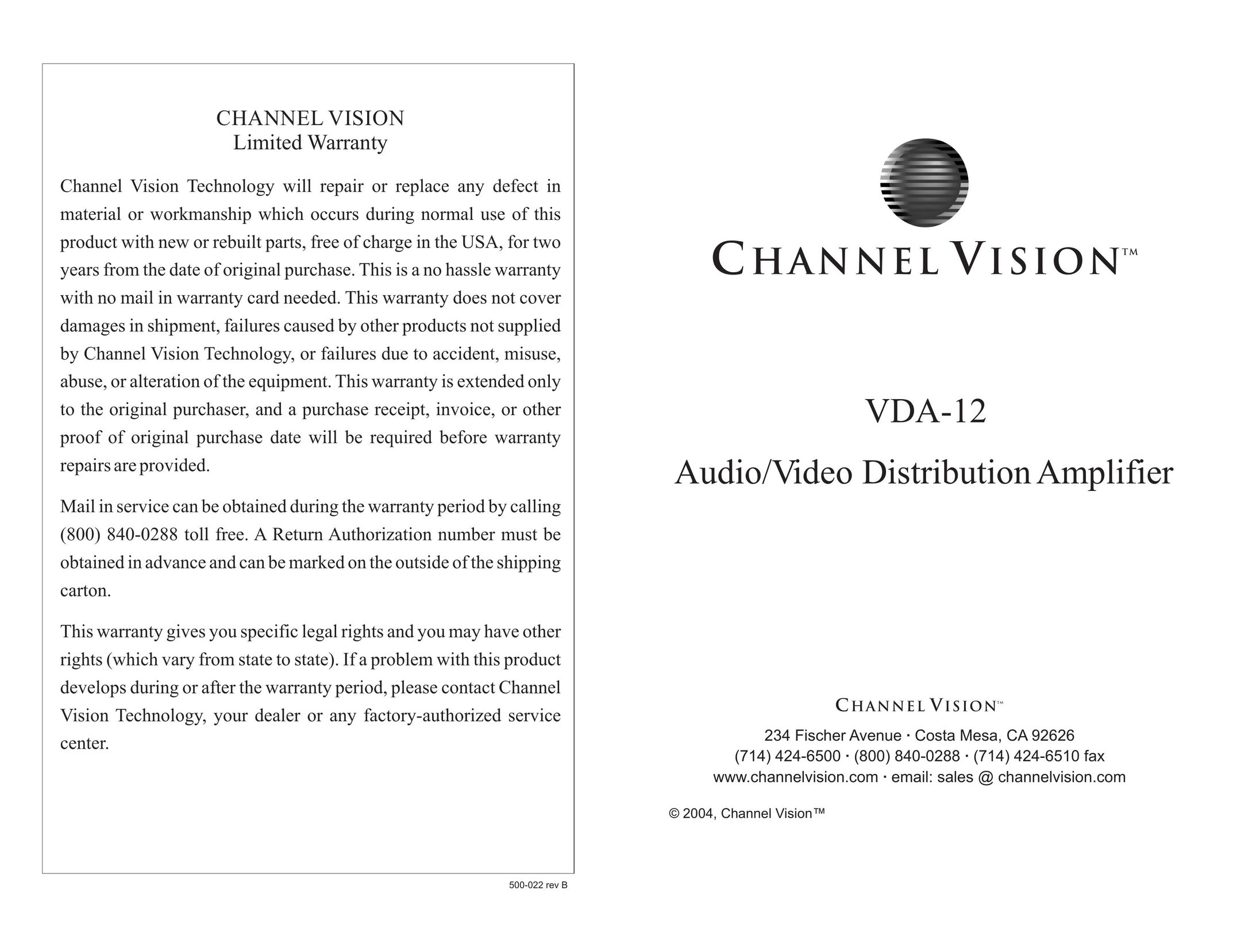 Channel Vision VDA-12 Stereo Amplifier User Manual