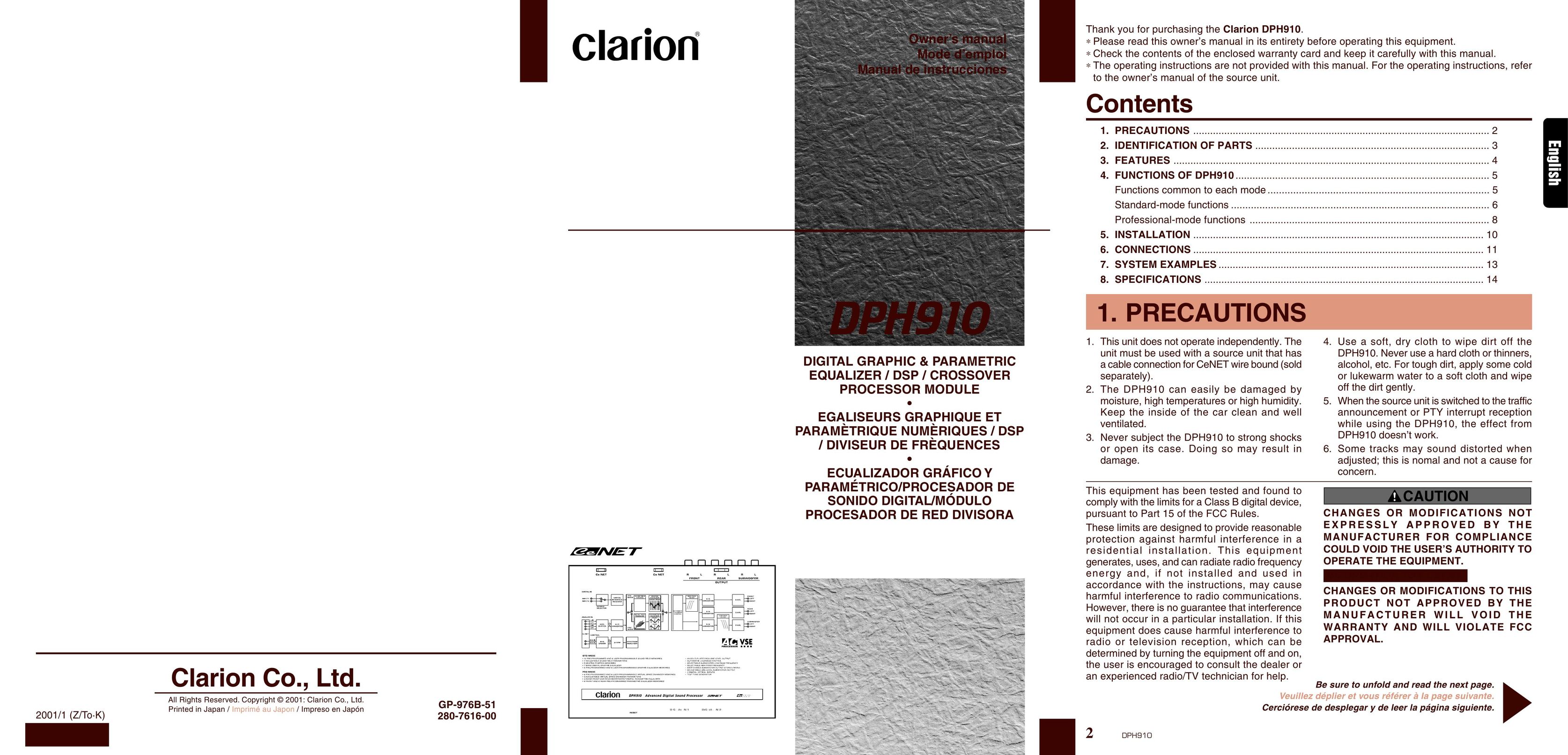 Clarion DPH910 Stereo Amplifier User Manual