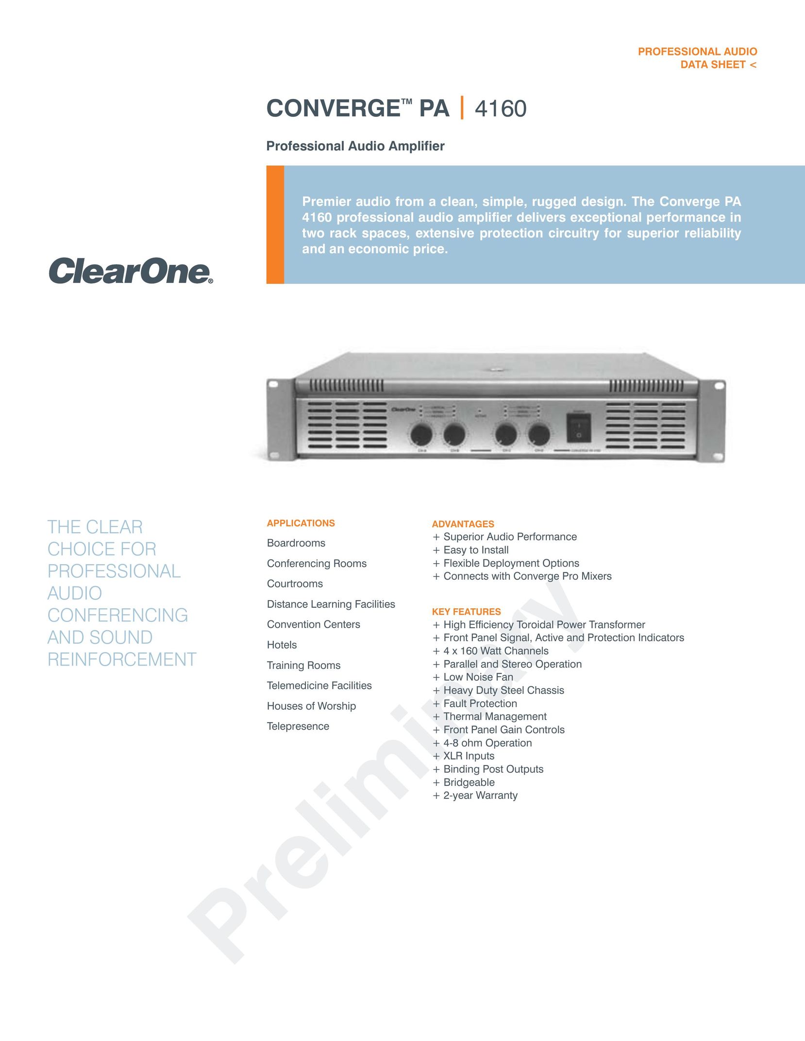 ClearOne comm PA 4160 Stereo Amplifier User Manual