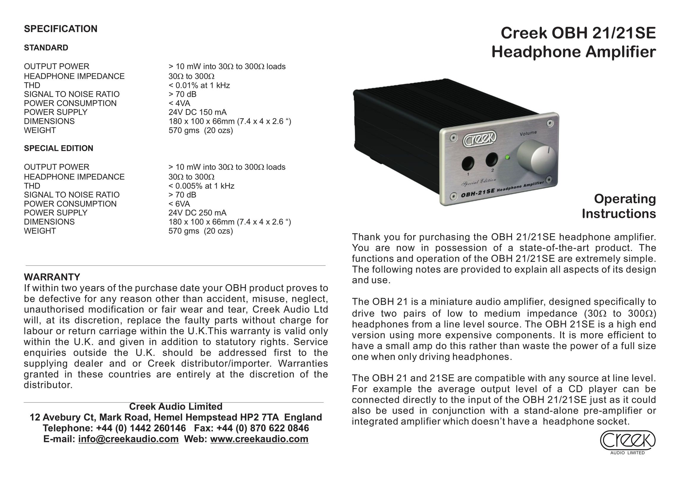 Creek Audio OBH 21 Stereo Amplifier User Manual