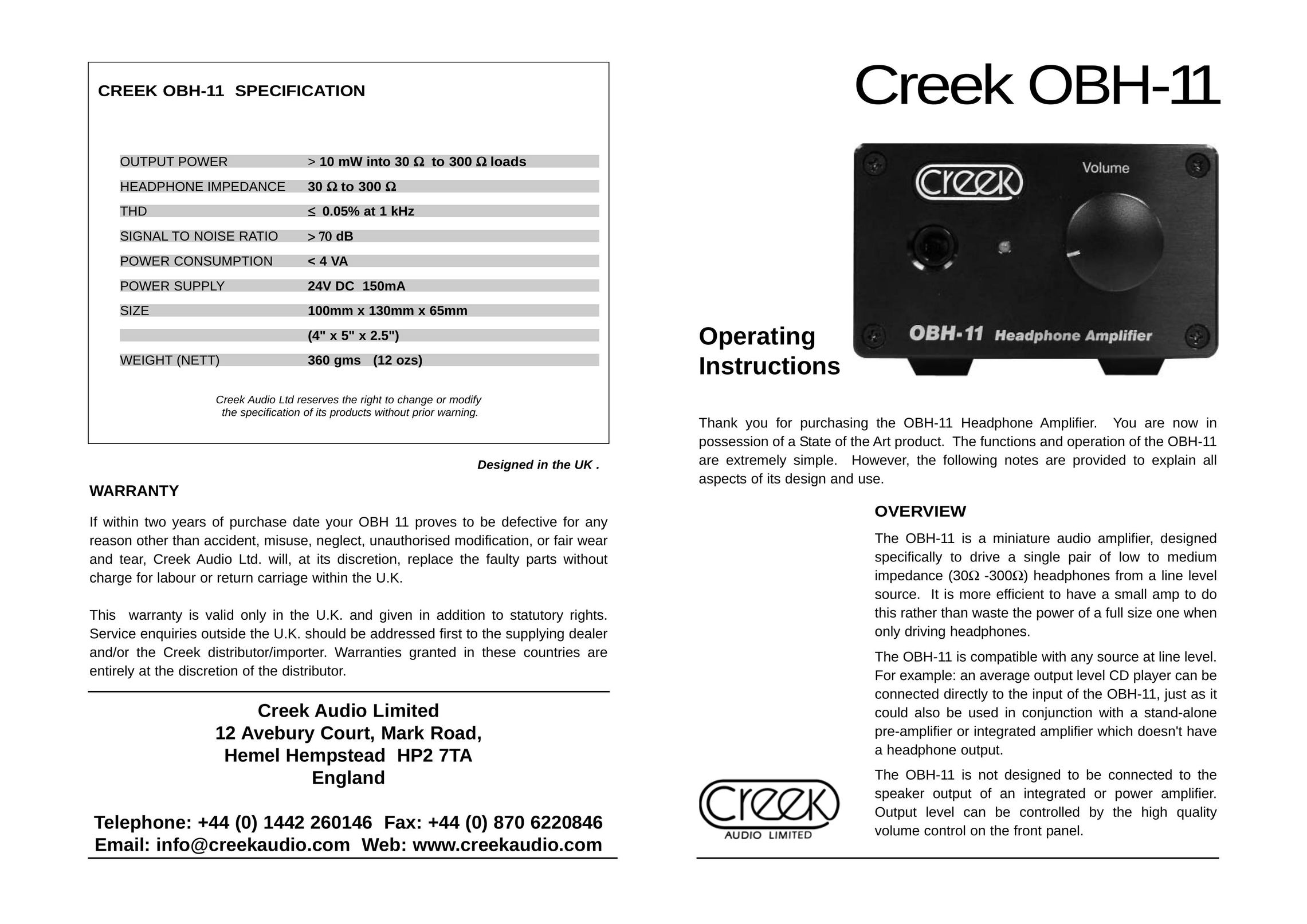 Creek Audio OBH-11 Stereo Amplifier User Manual