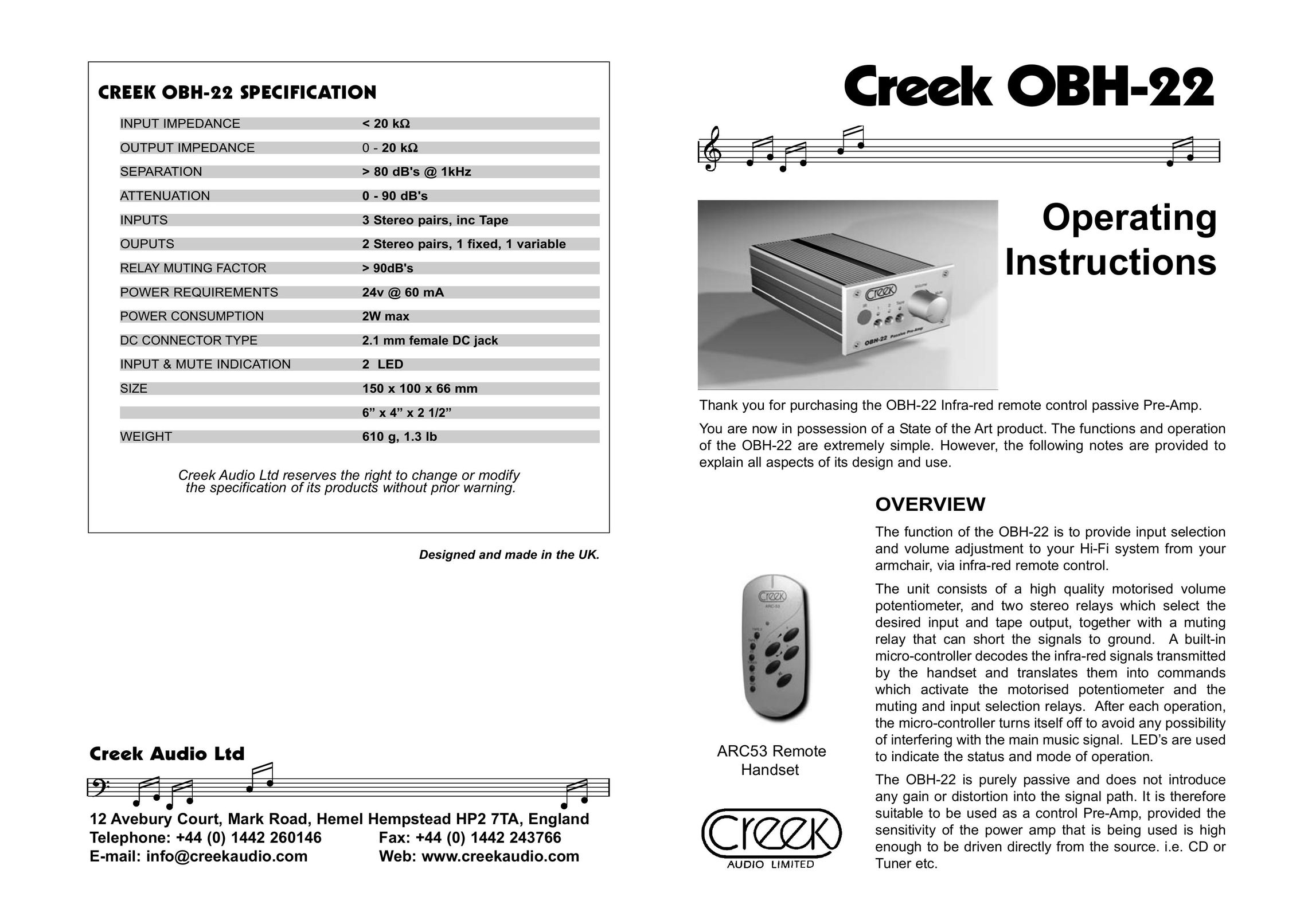 Creek Audio OBH22 Stereo Amplifier User Manual