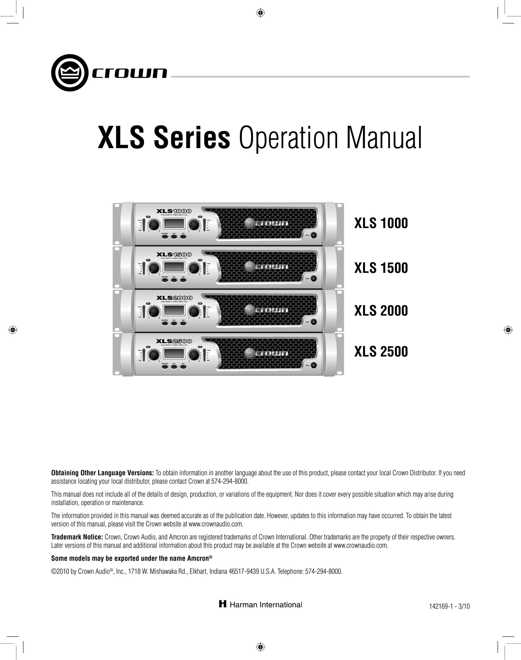 Crown XLS 1000 Stereo Amplifier User Manual