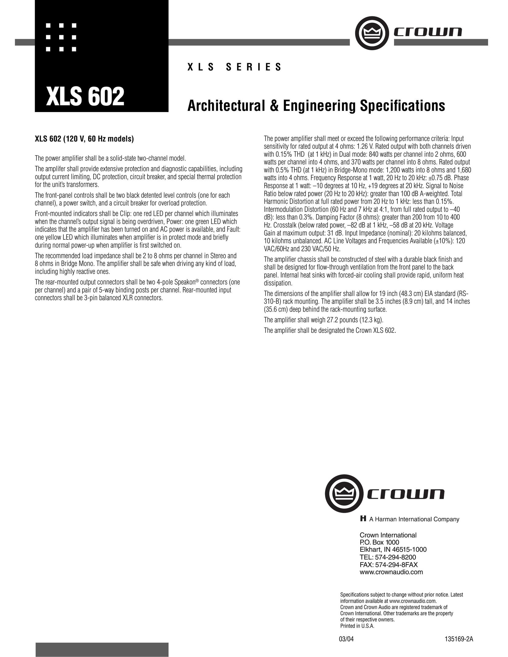 Crown XLS 602 Stereo Amplifier User Manual