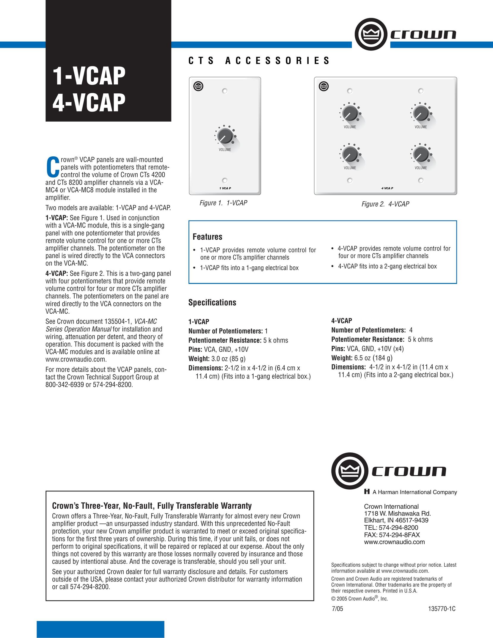 Crown Audio 1-VCAP Stereo Amplifier User Manual