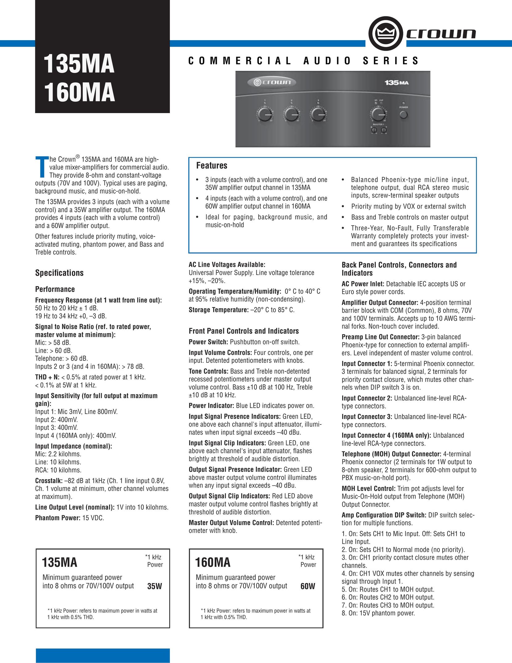 Crown Audio 135MA Stereo Amplifier User Manual