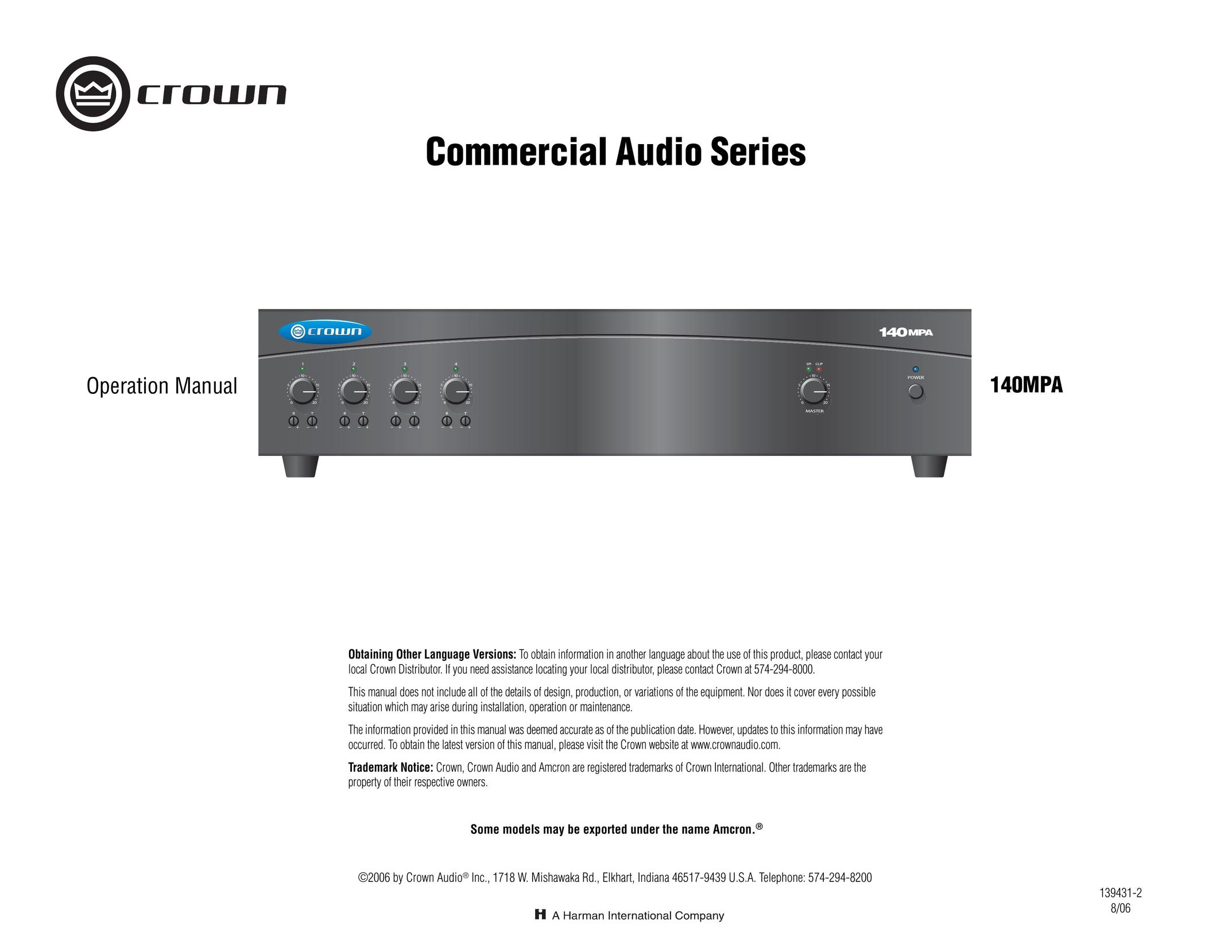 Crown Audio 140MPA Stereo Amplifier User Manual