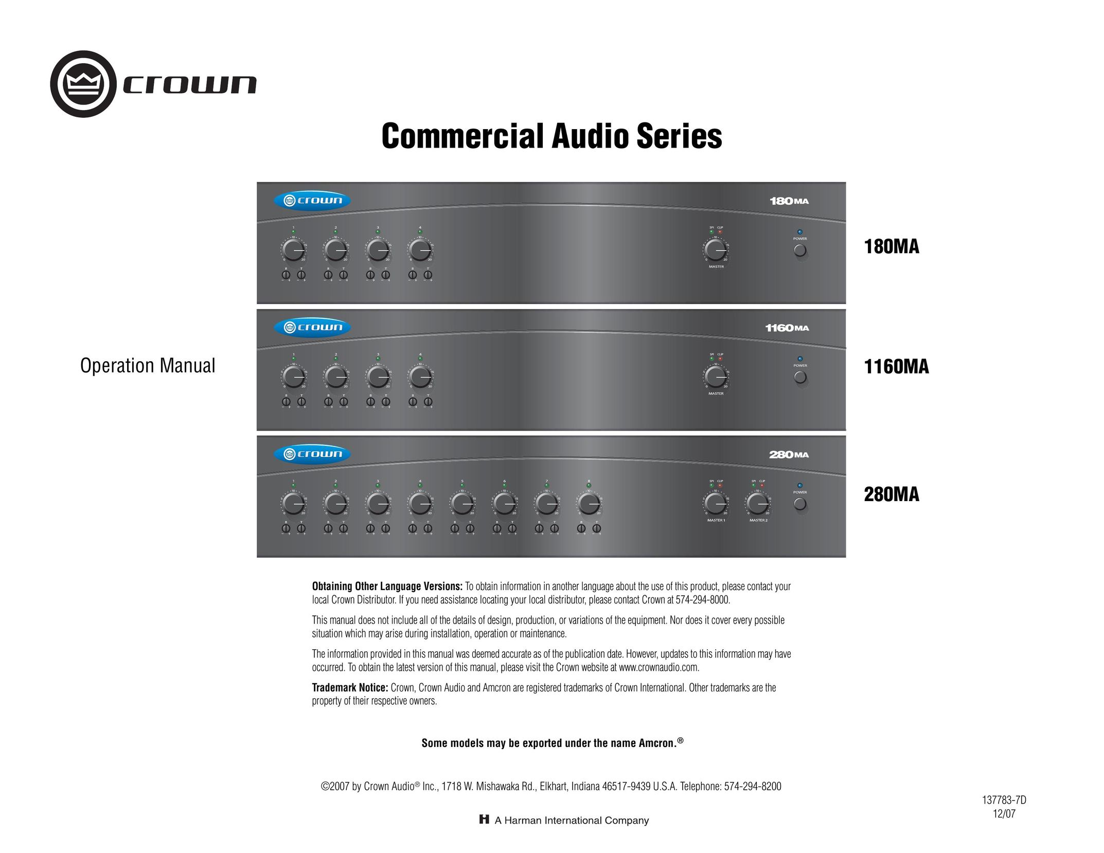 Crown Audio 180MA 280MA Stereo Amplifier User Manual