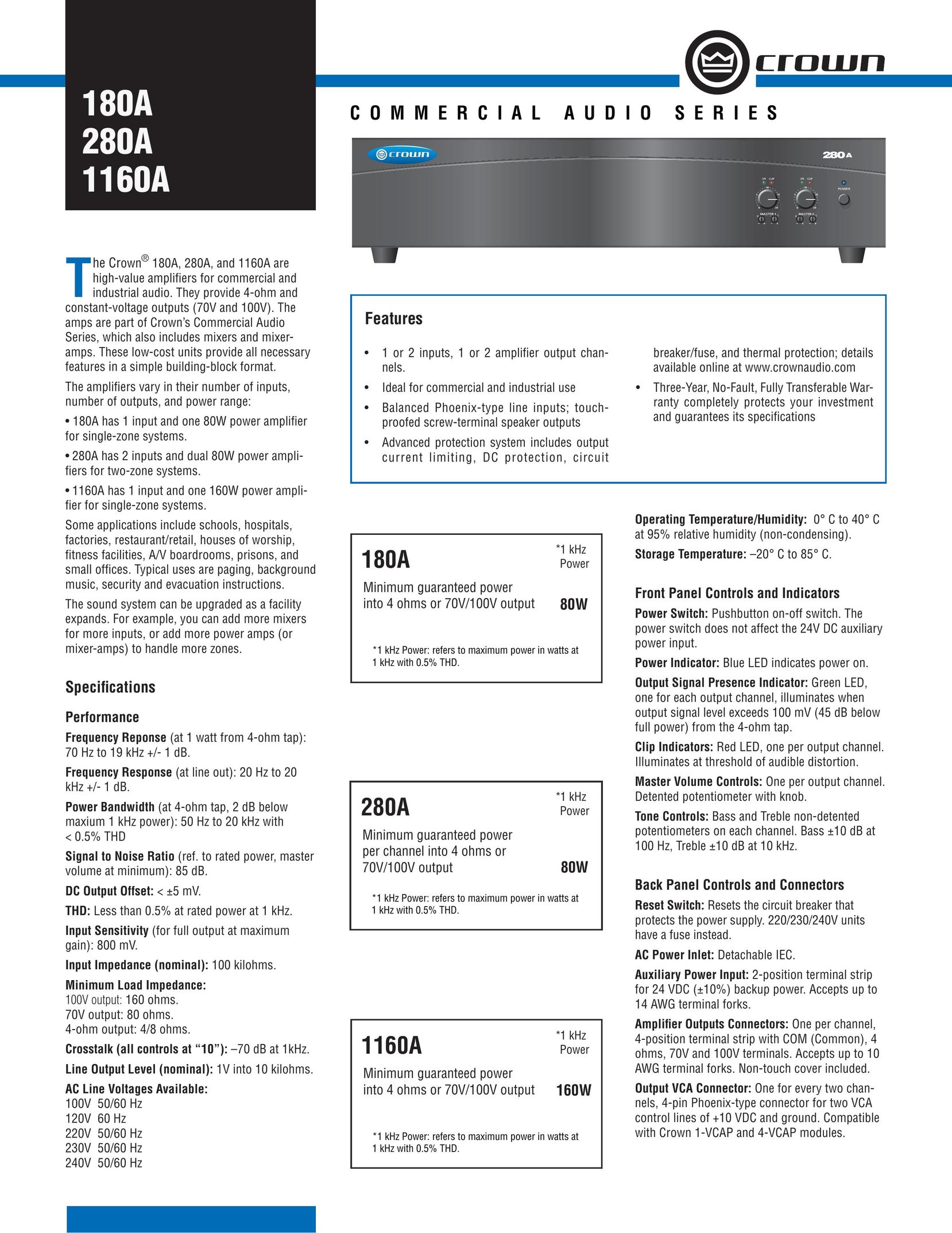 Crown Audio 280A Stereo Amplifier User Manual