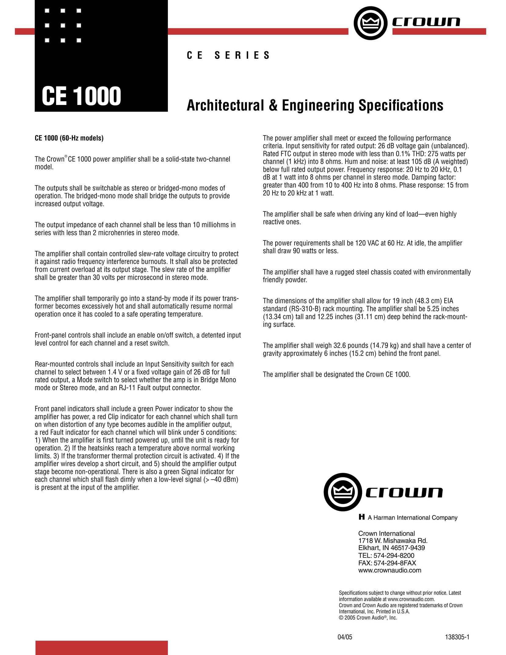 Crown Audio CE 1000 A. & E. Stereo Amplifier User Manual