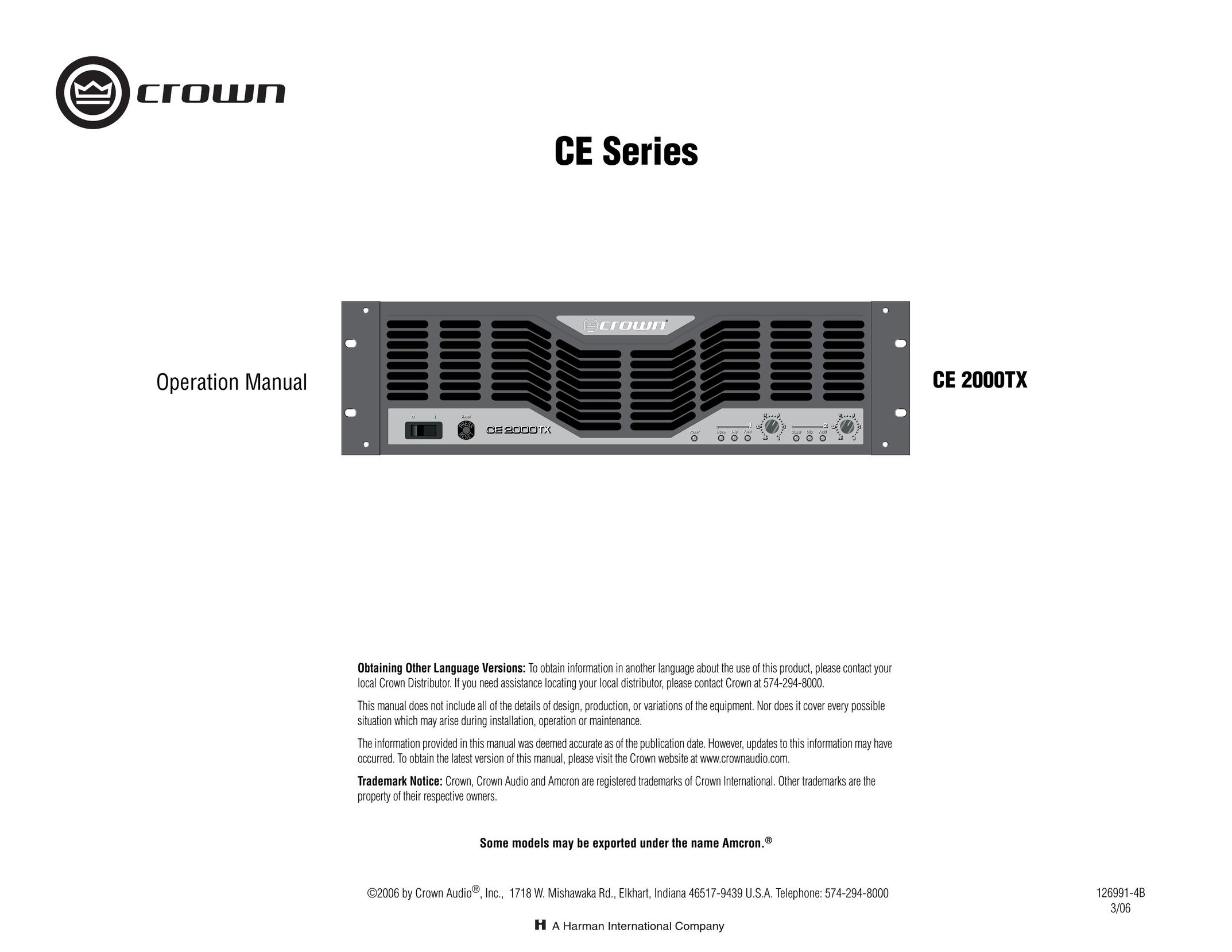Crown Audio CE2000TX Stereo Amplifier User Manual