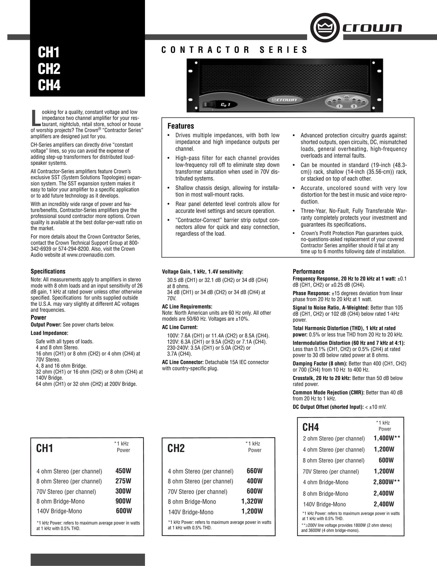 Crown Audio CH2 Stereo Amplifier User Manual
