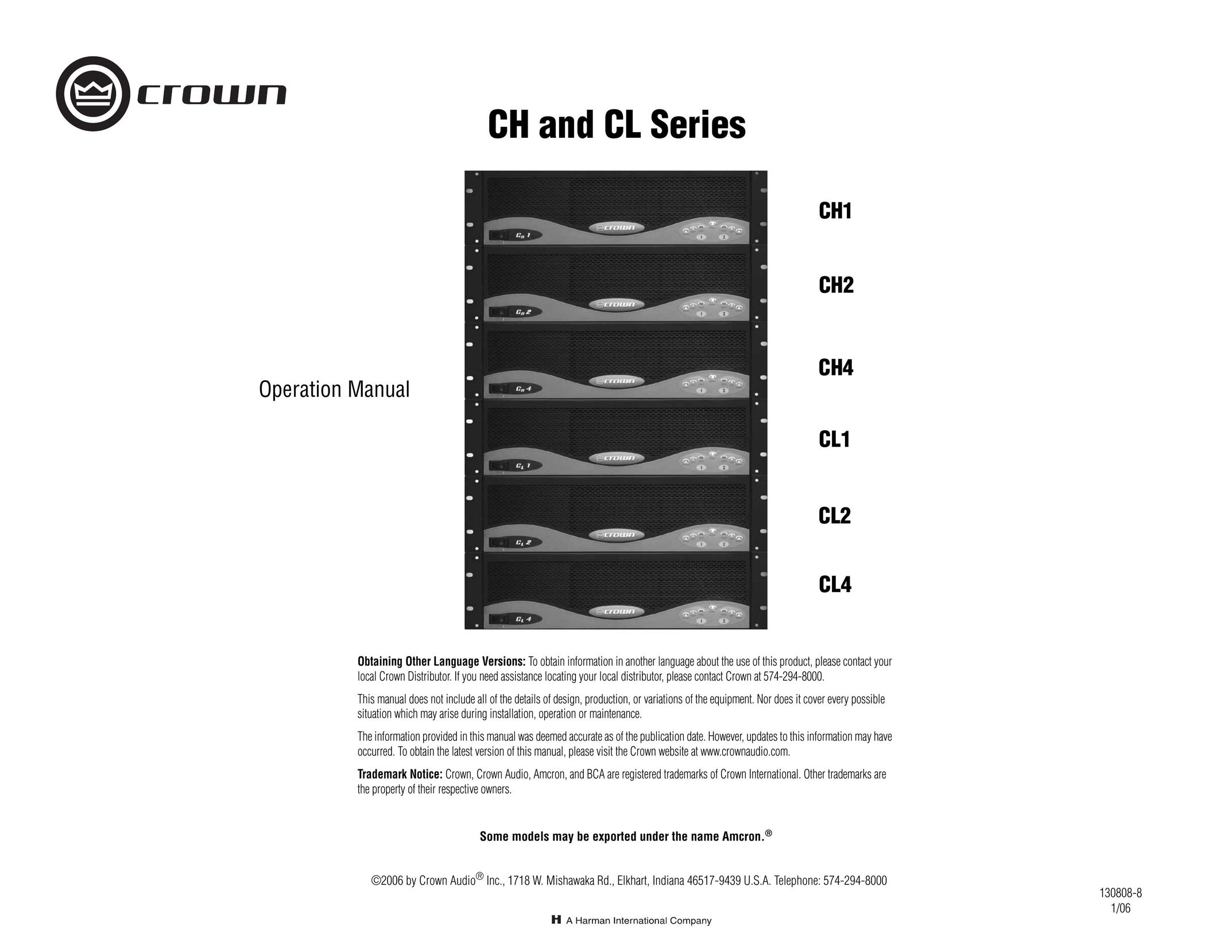 Crown Audio CL Series Stereo Amplifier User Manual