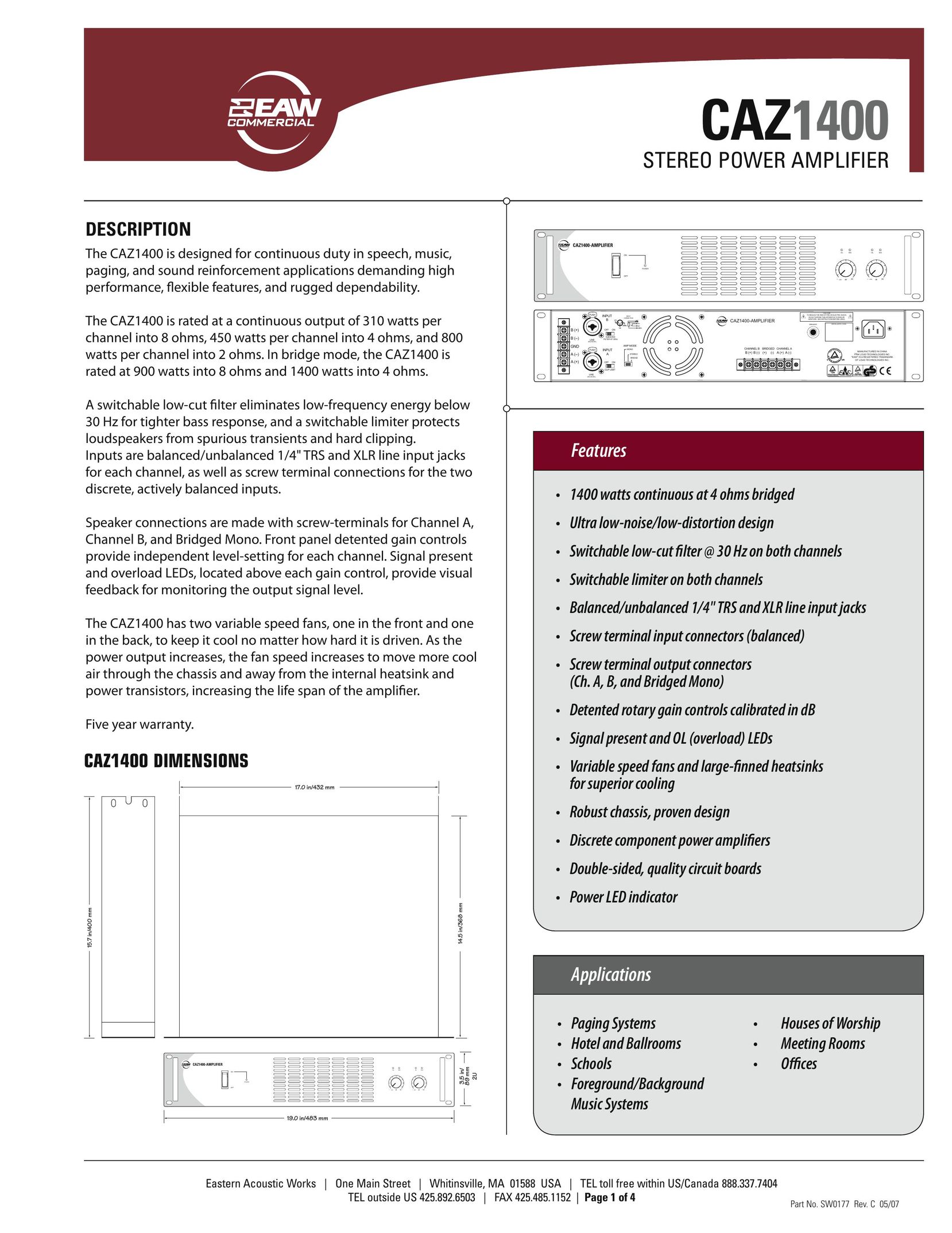 EAW SW0177 Stereo Amplifier User Manual