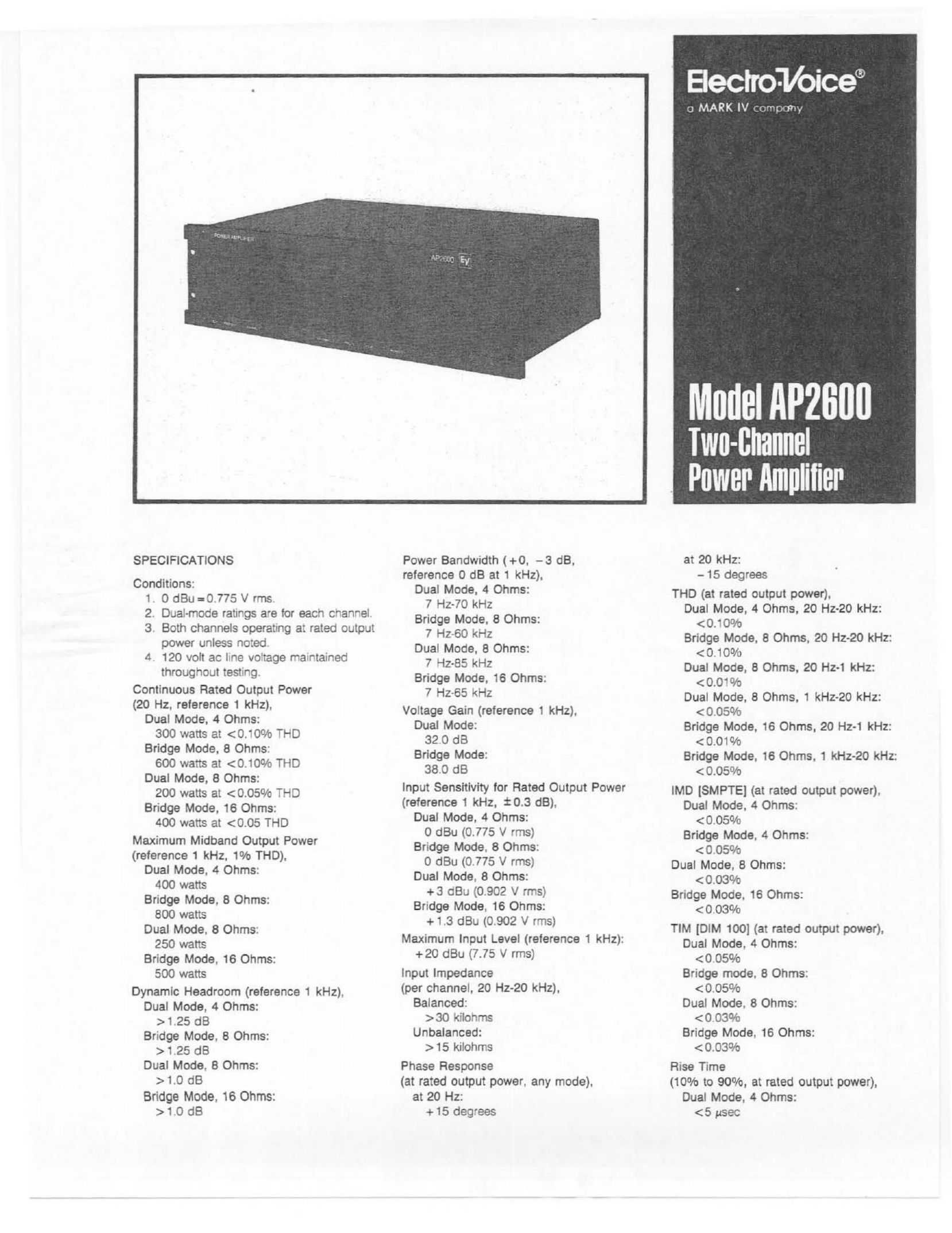 Electro-Voice AP2600 Stereo Amplifier User Manual