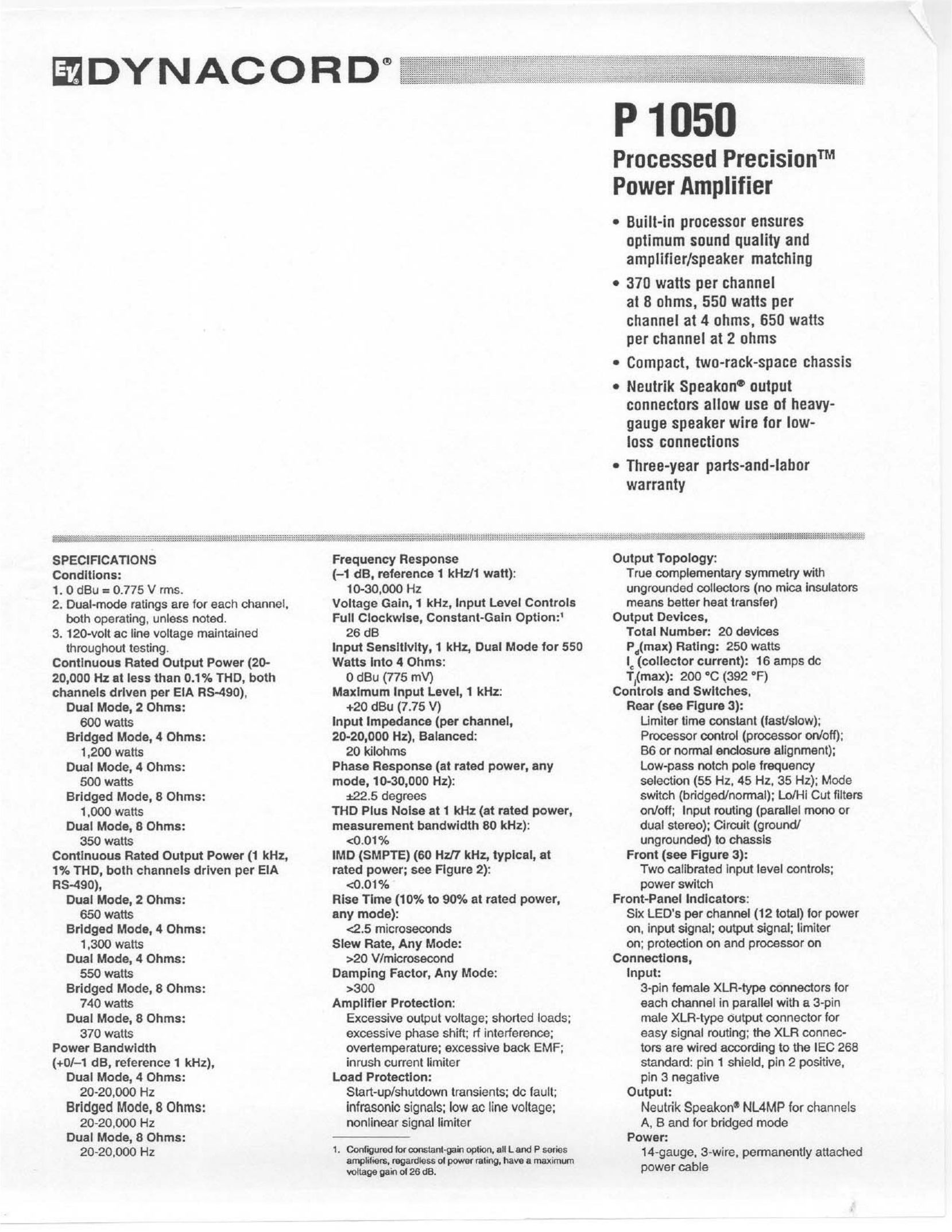Electro-Voice P 1050 Stereo Amplifier User Manual