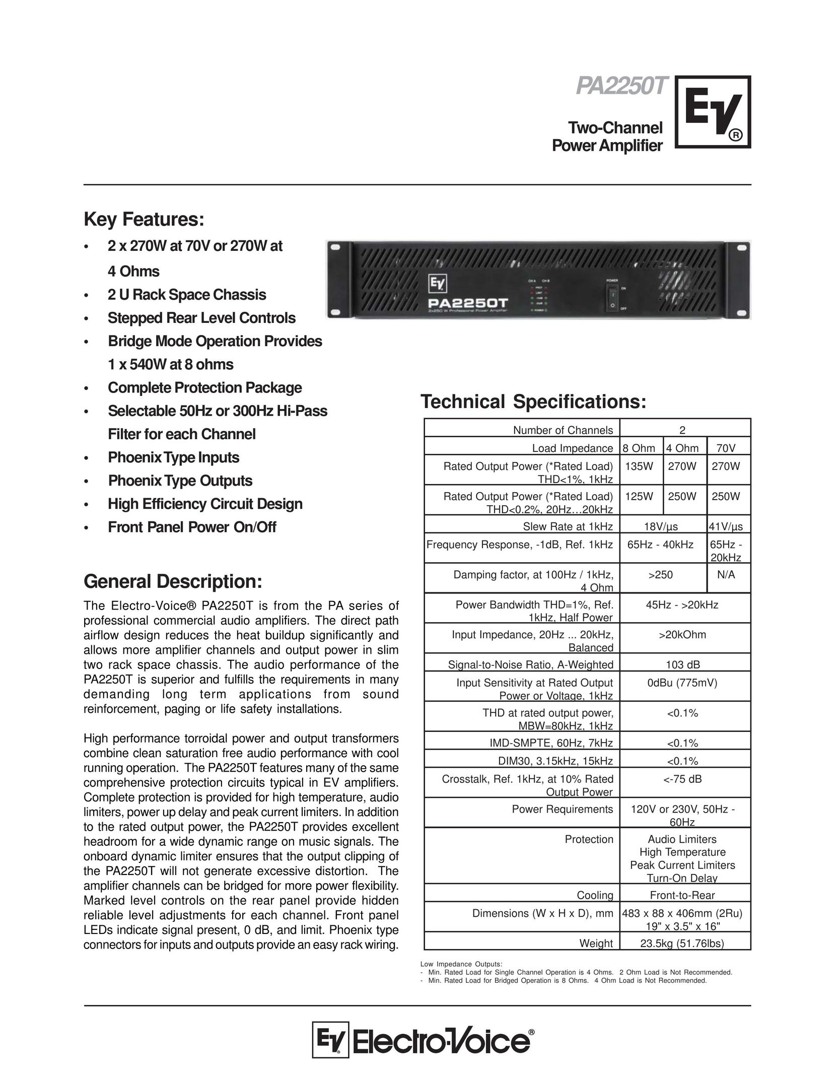 Electro-Voice PA2250T Stereo Amplifier User Manual