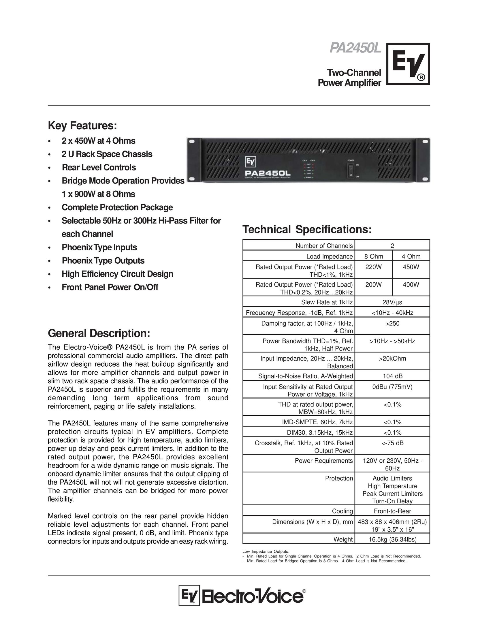 Electro-Voice PA2450 Stereo Amplifier User Manual
