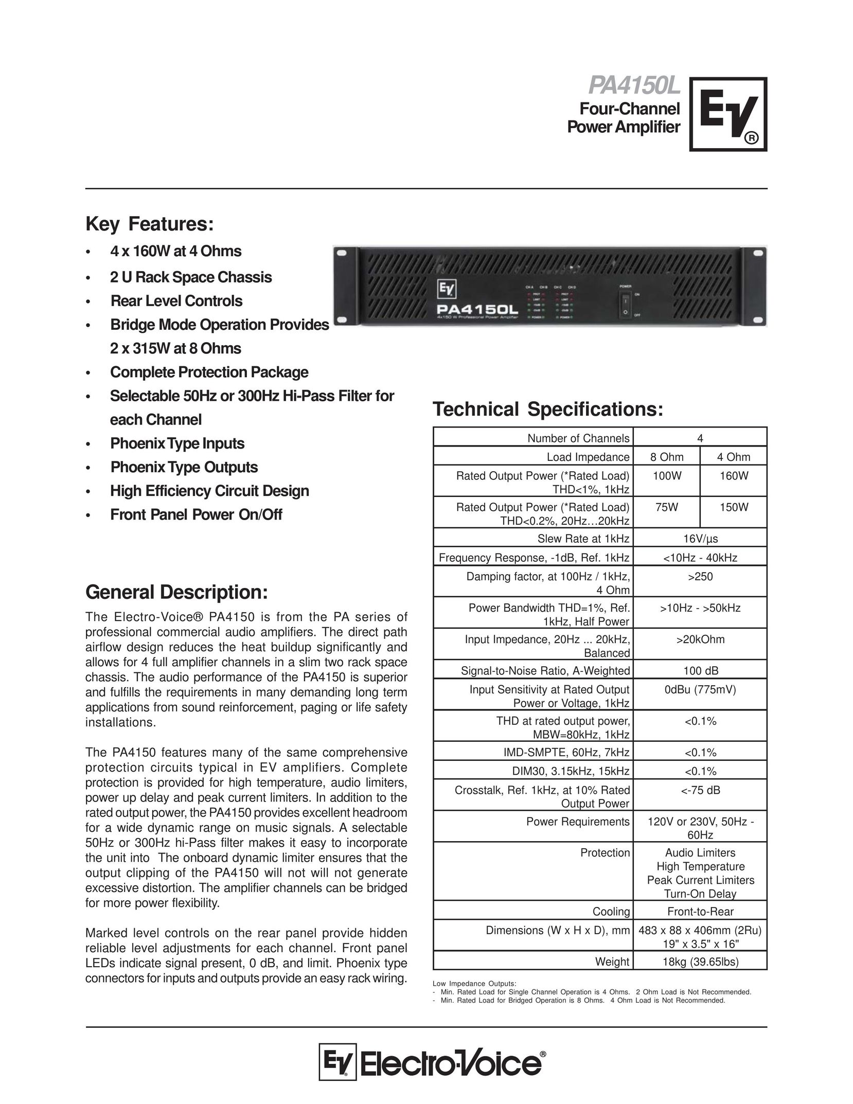 Electro-Voice PA4150 Stereo Amplifier User Manual