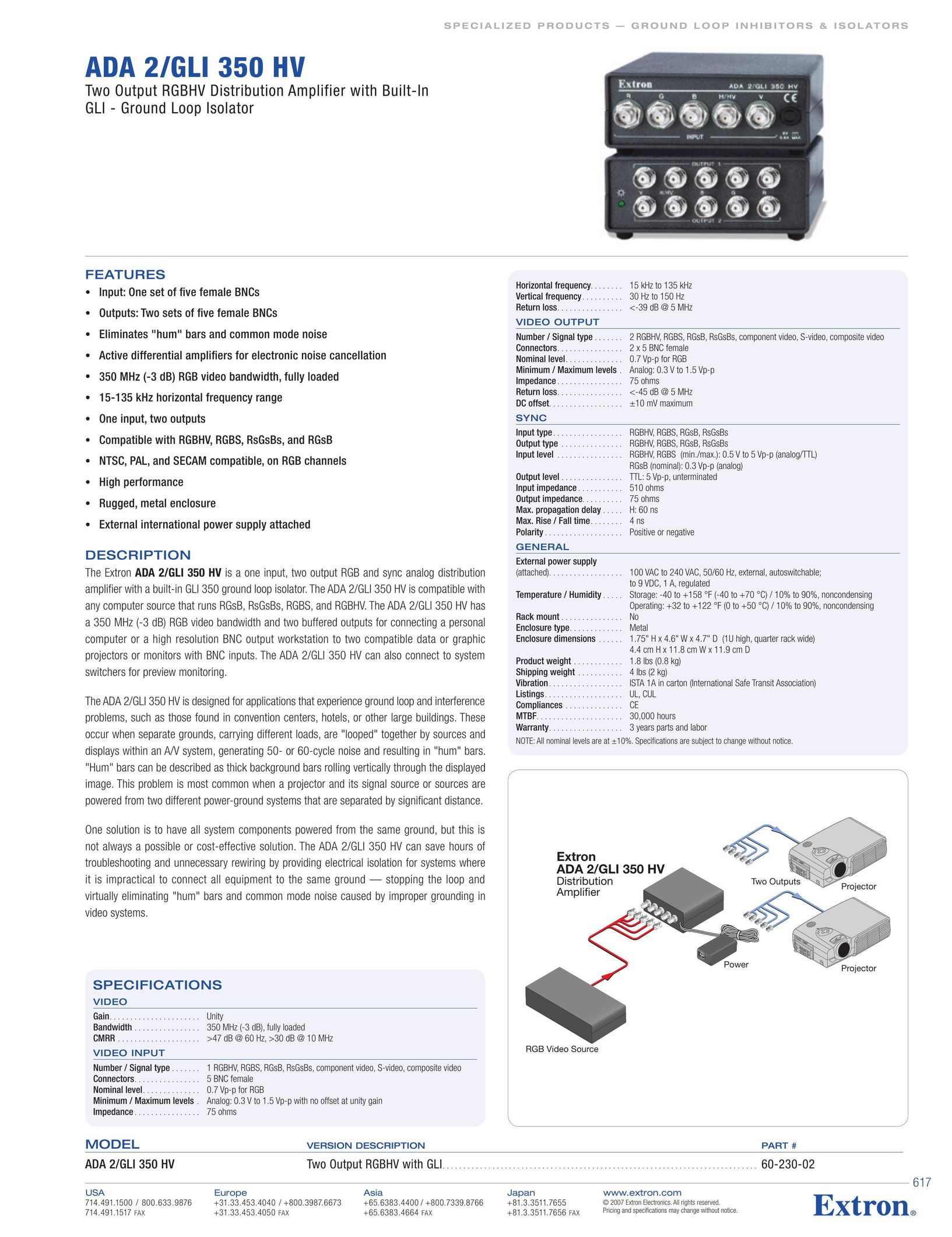 Extron electronic ADA 2/GLI 350 HV Stereo Amplifier User Manual
