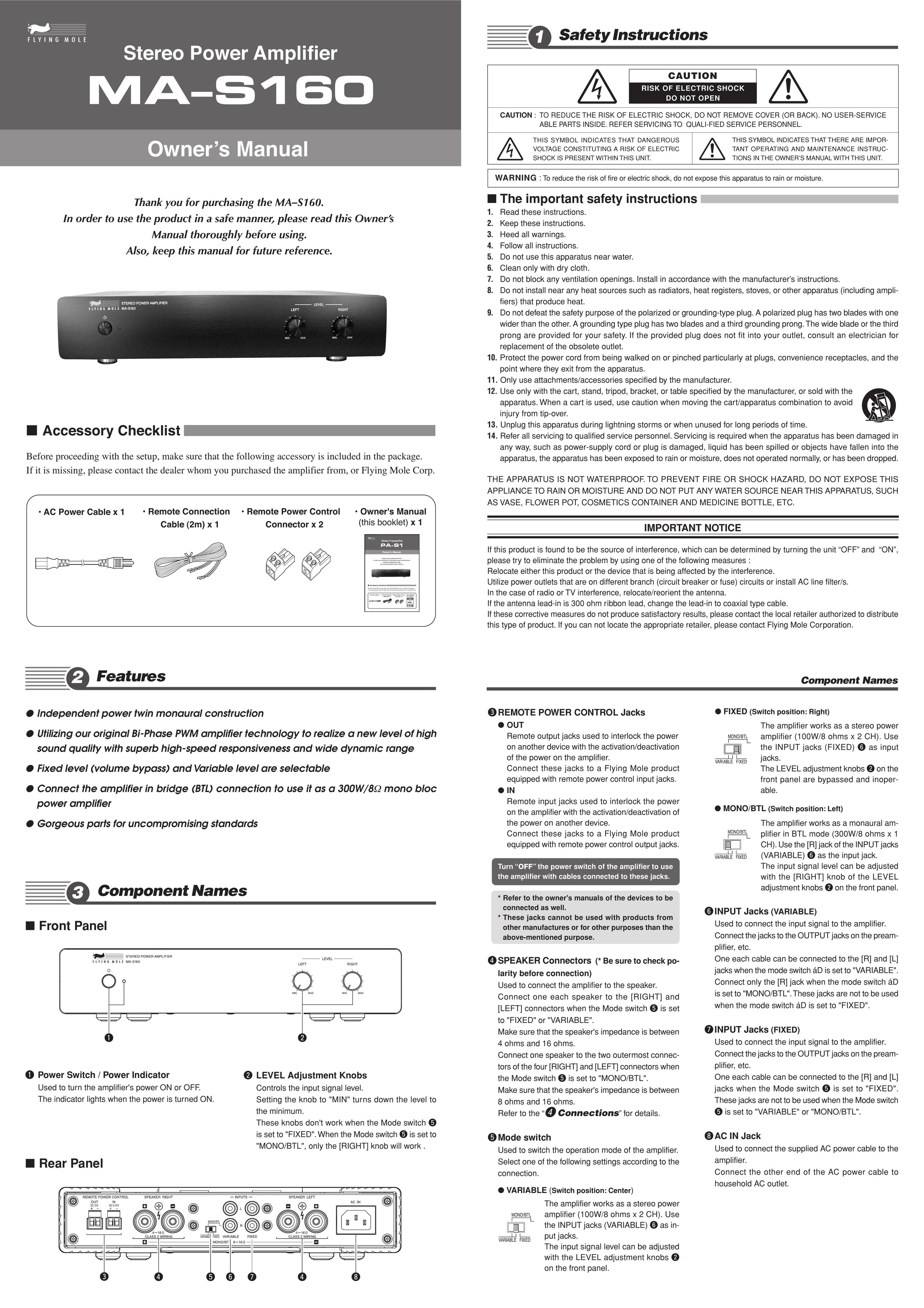 Flying Mole MAS160 Stereo Amplifier User Manual