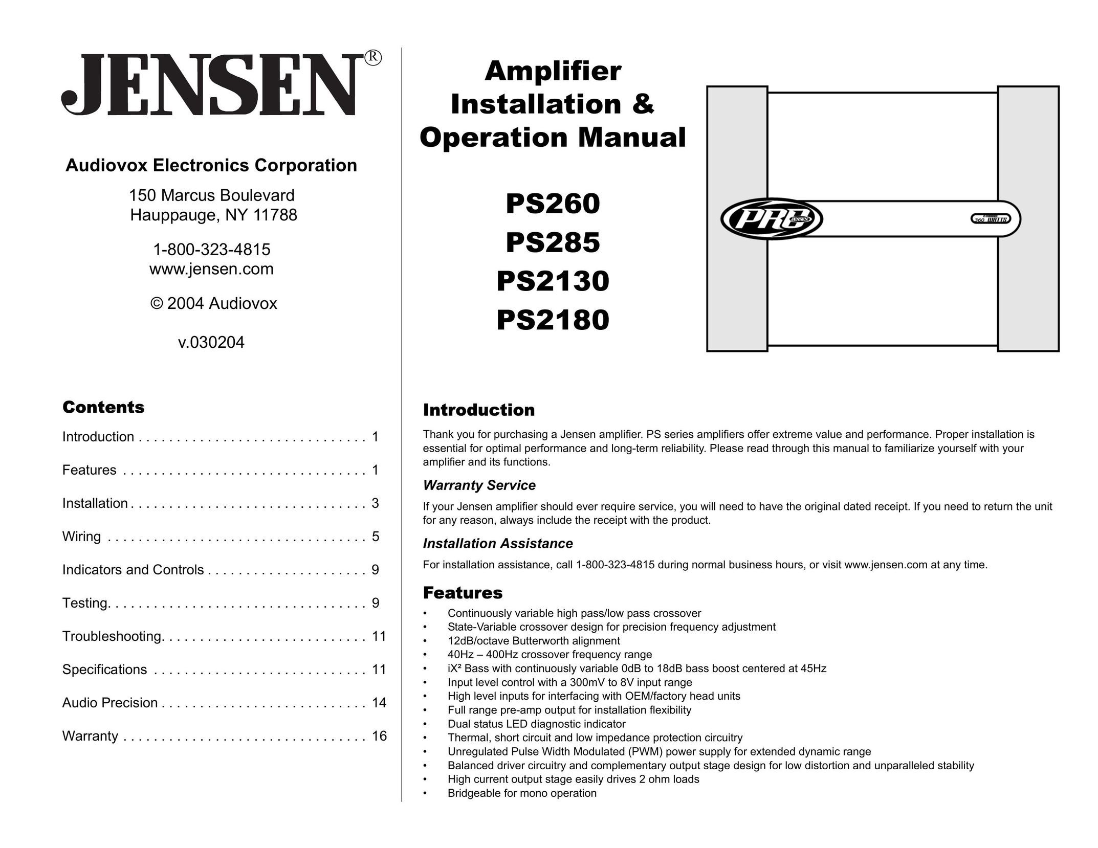 Jensen PS260 Stereo Amplifier User Manual