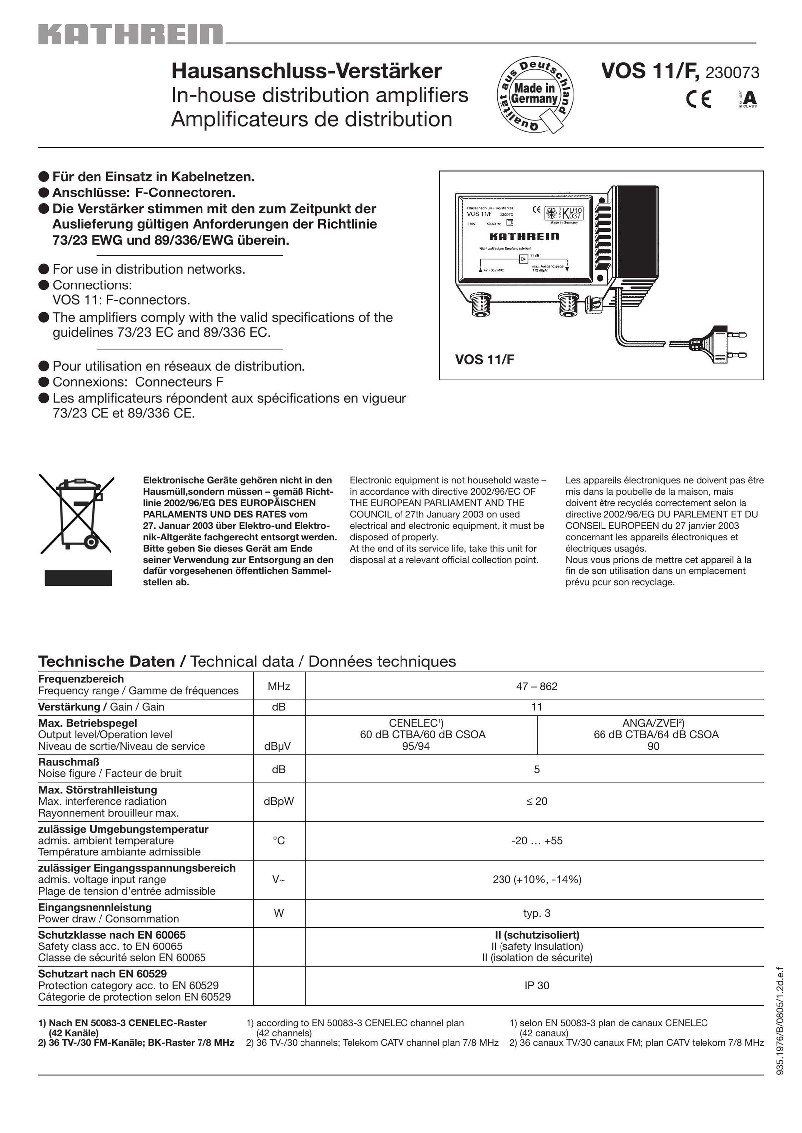 Kathrein VOS 11 Stereo Amplifier User Manual