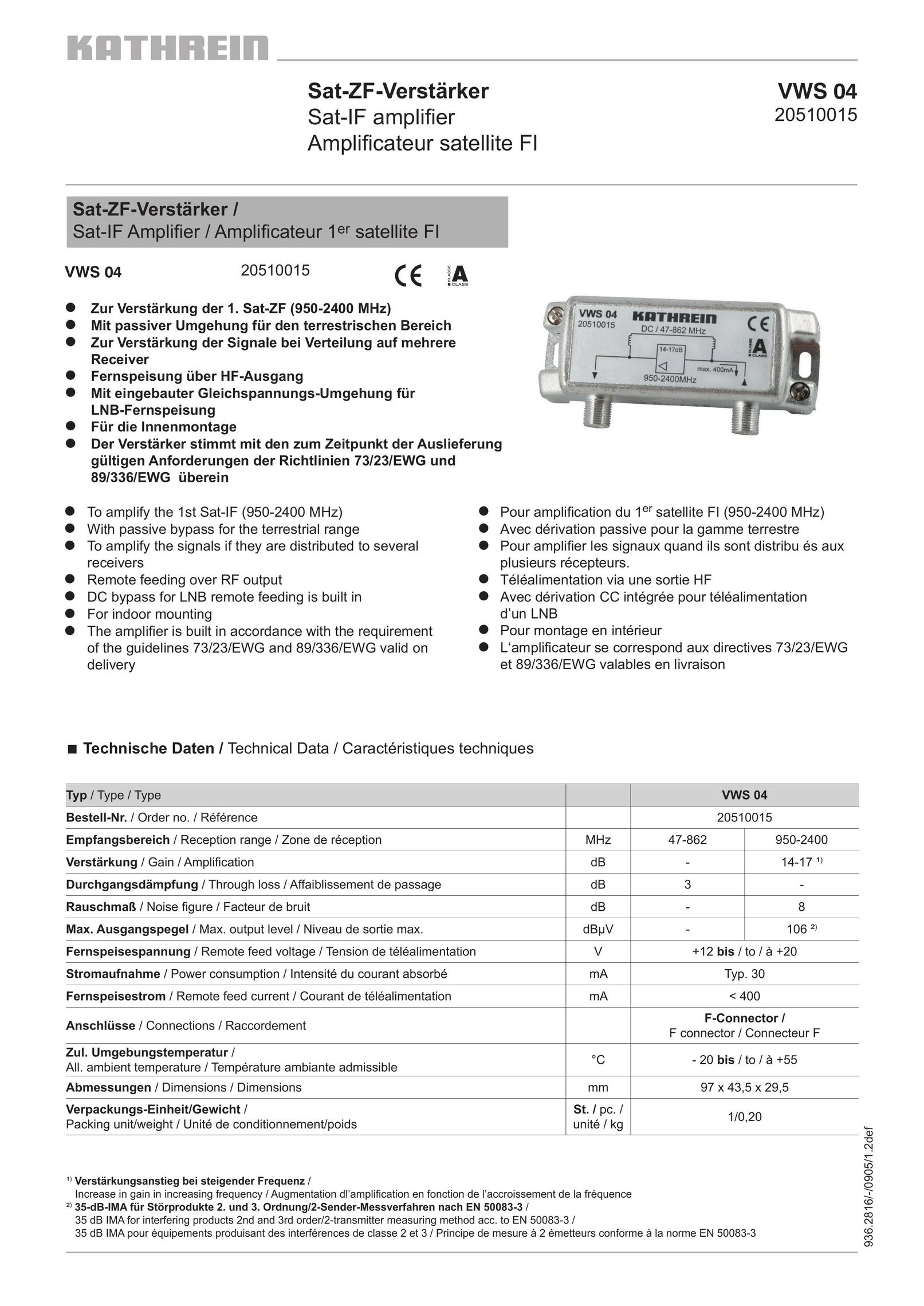 Kathrein VWS 04 Stereo Amplifier User Manual