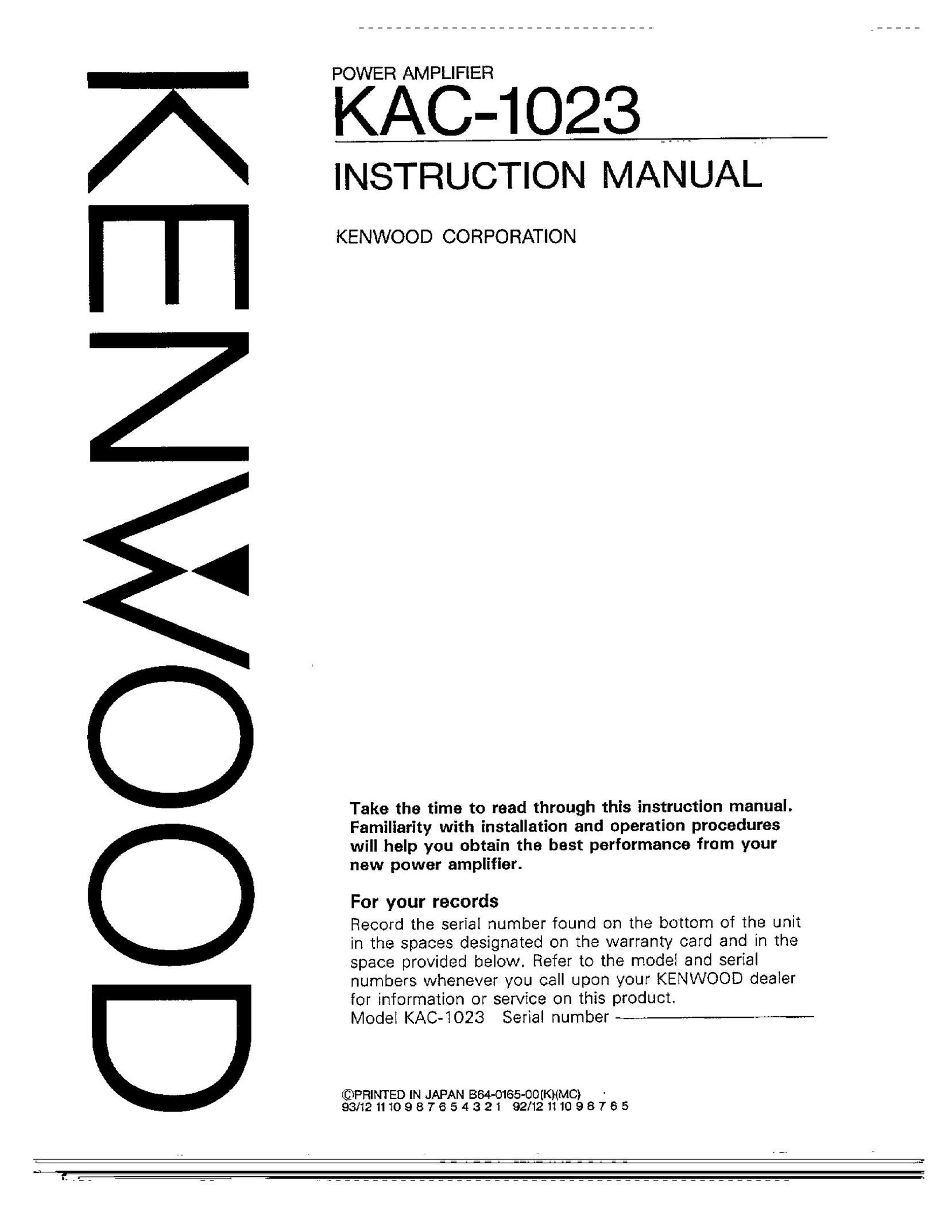 Kenwood KAC-1023 Stereo Amplifier User Manual