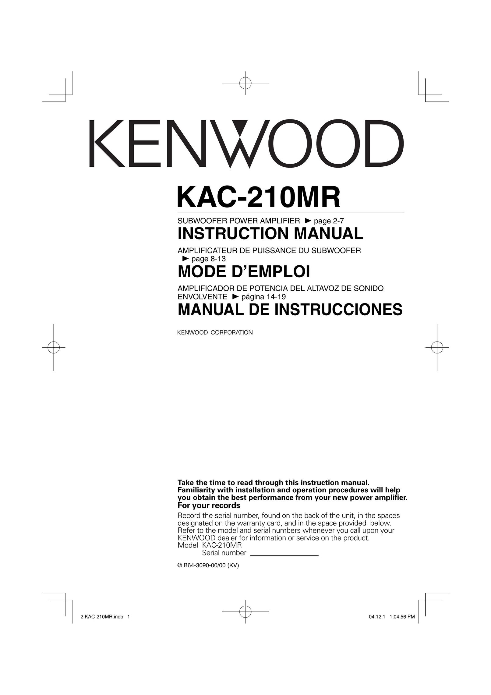 Kenwood KAC-210MR Stereo Amplifier User Manual