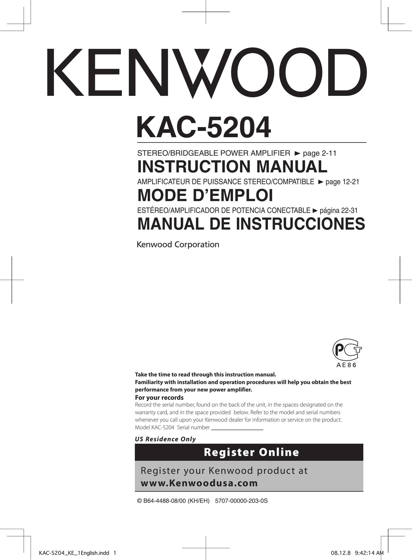 Kenwood KAC-5204 Stereo Amplifier User Manual