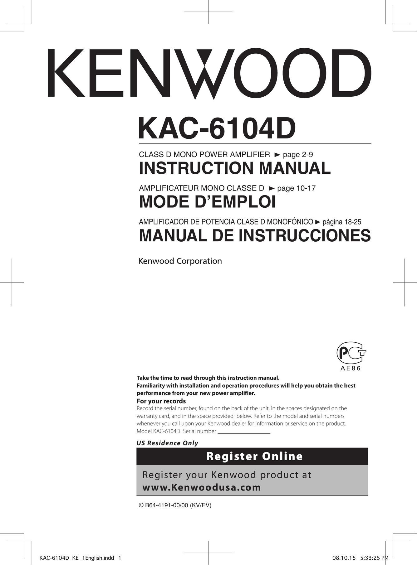 Kenwood KAC-6104D Stereo Amplifier User Manual