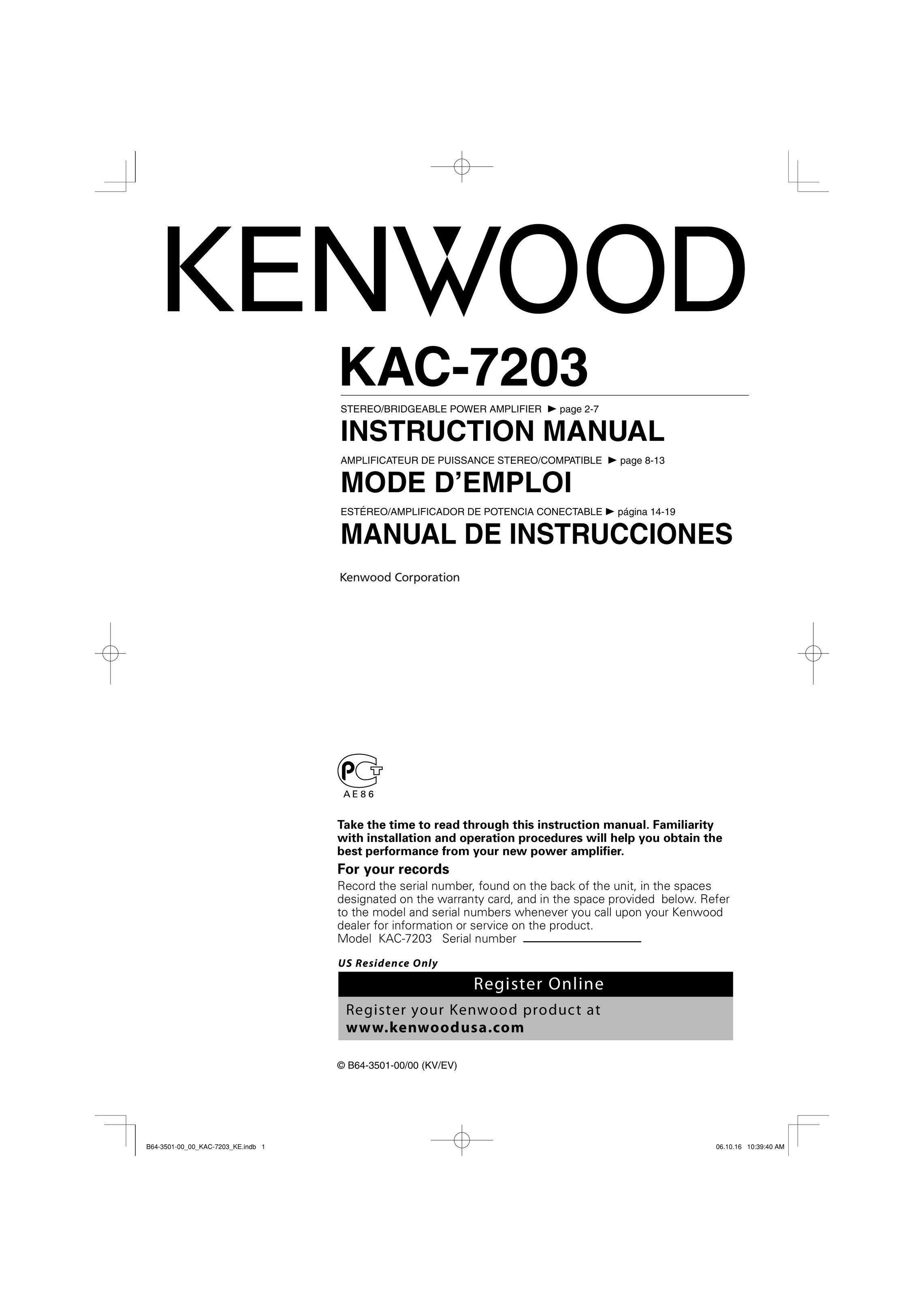 Kenwood KAC-7203 Stereo Amplifier User Manual