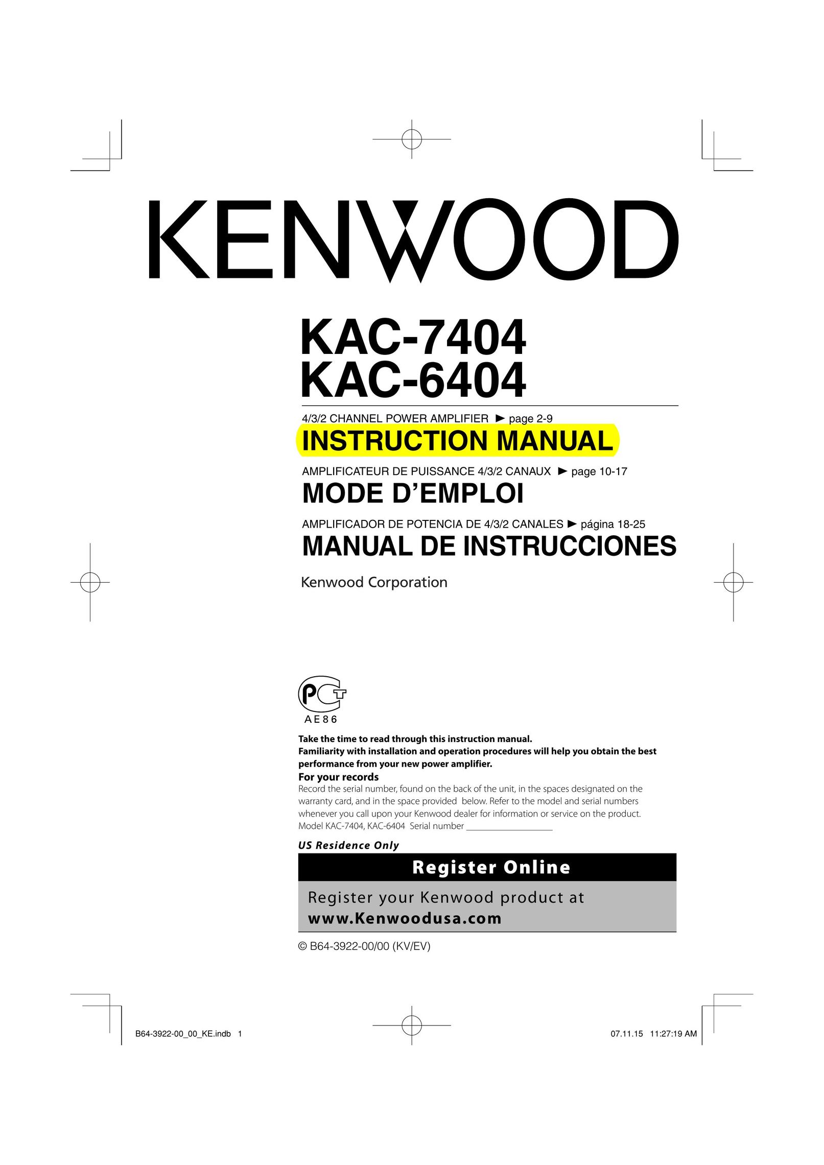Kenwood KAC-7404 Stereo Amplifier User Manual