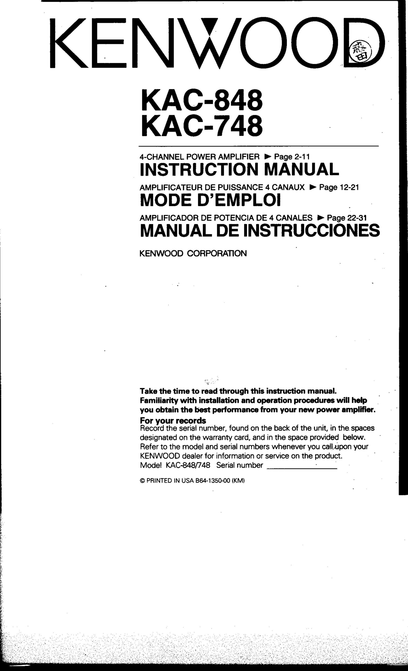 Kenwood KAC-748 Stereo Amplifier User Manual