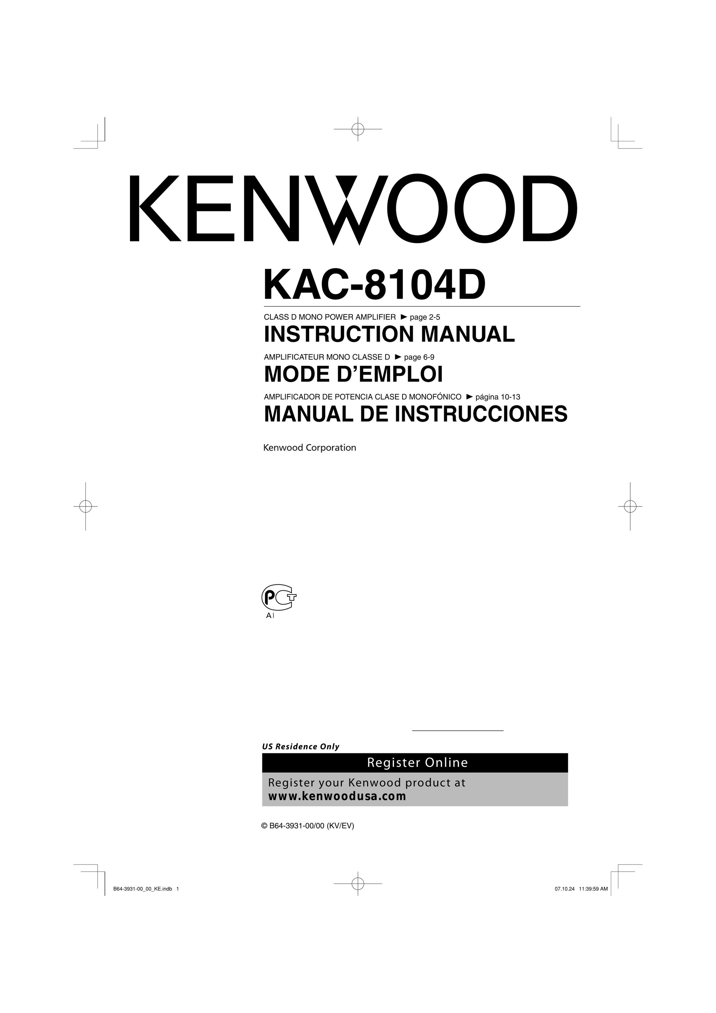 Kenwood KAC-8104D Stereo Amplifier User Manual