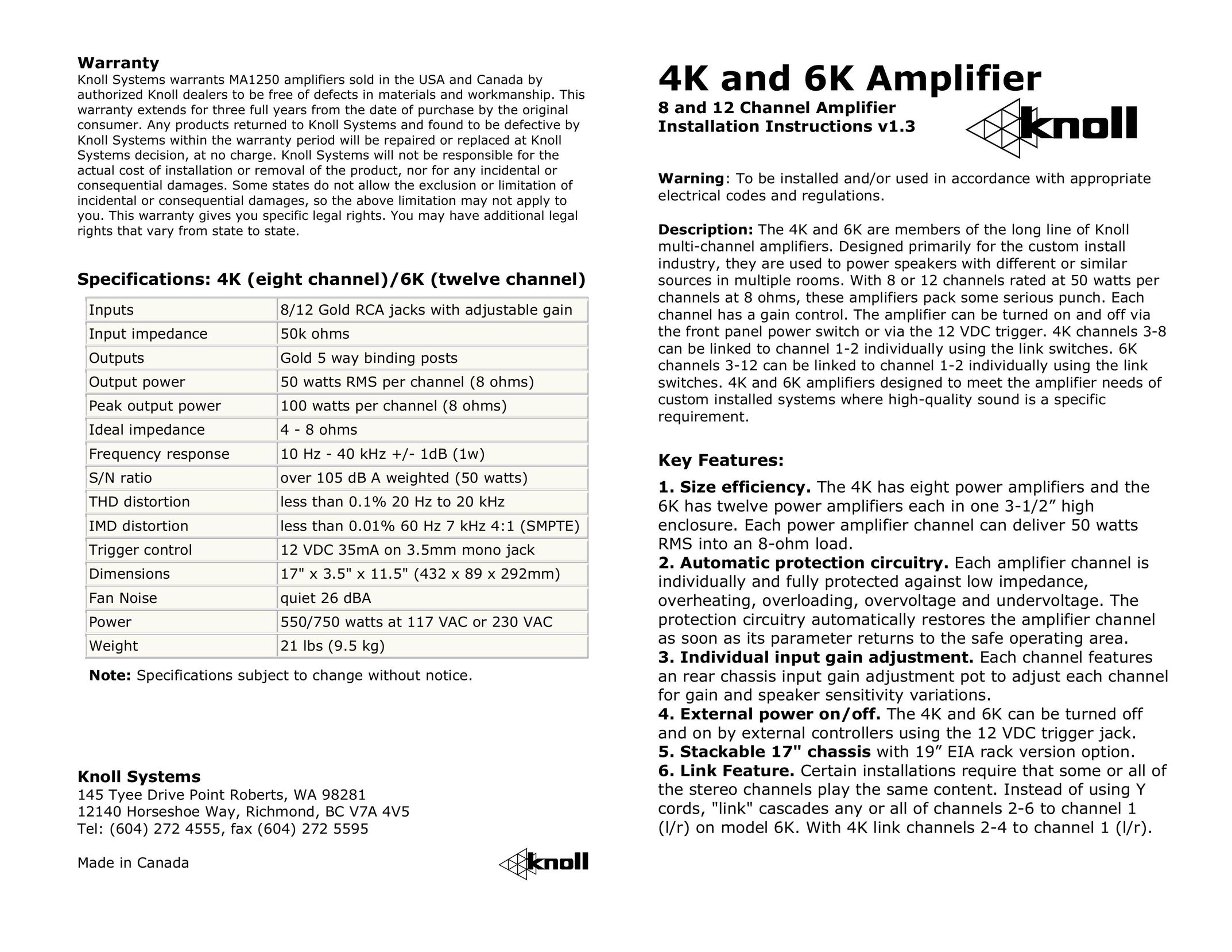 Knoll 4K Stereo Amplifier User Manual